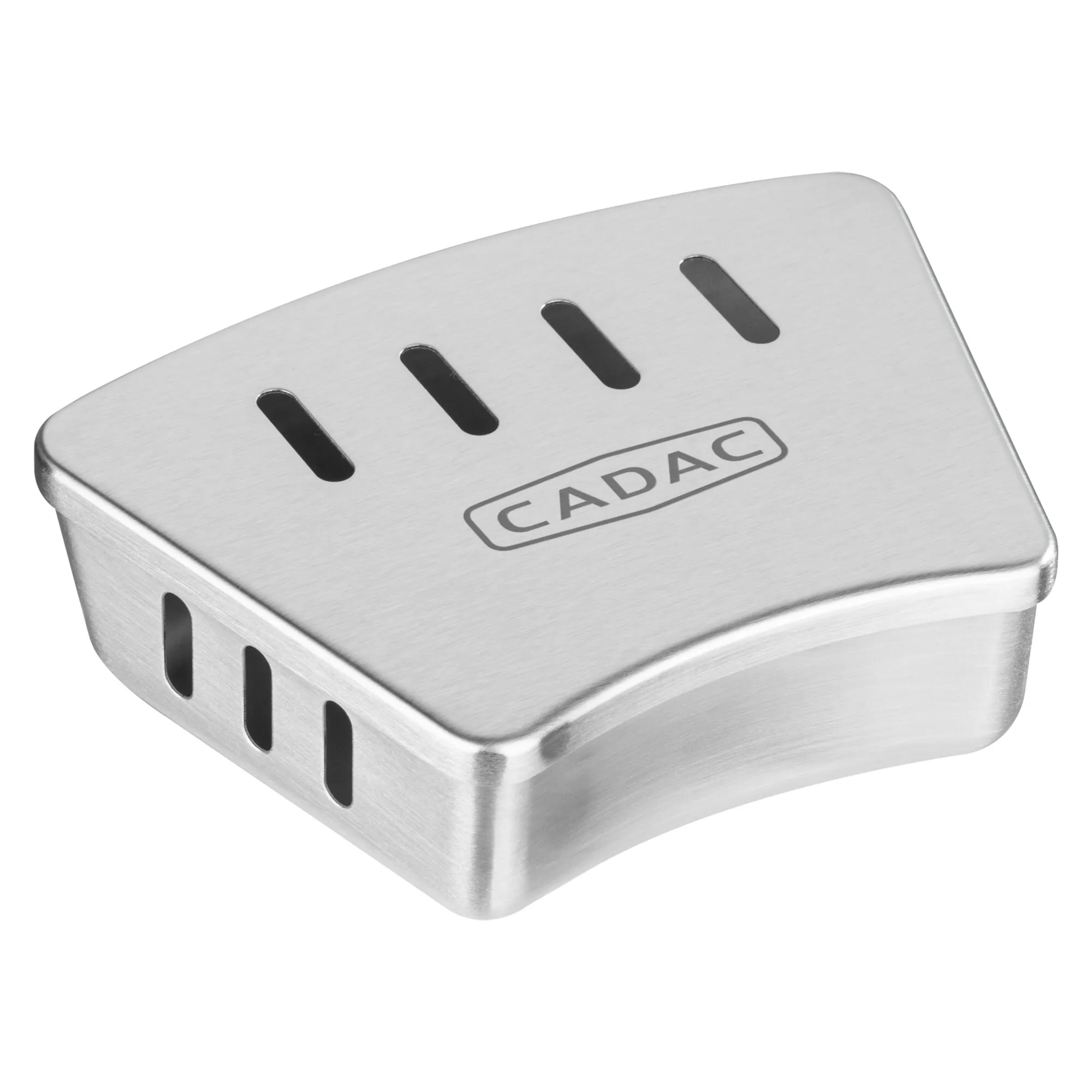 Räucherbox Universal aus Edelstahl mit abgerundeten Ecken, Lüftungsschlitzen an Deckel und Seiten sowie CADAC-Logo