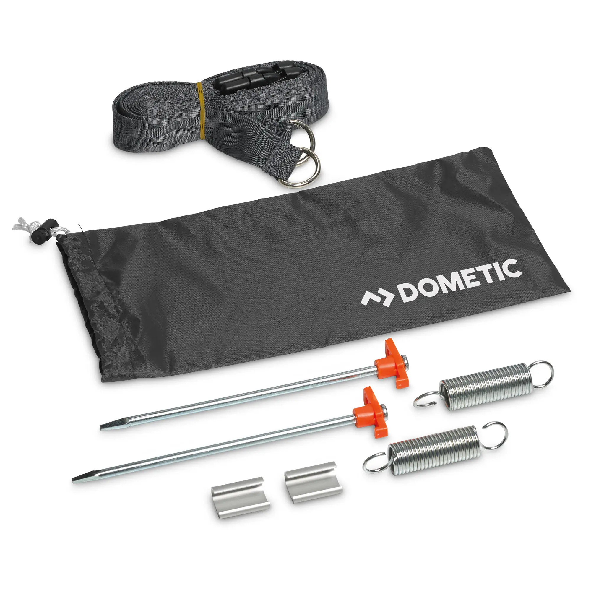 Tiedown-Kit mit grauem Gewebeband, Metallringen, langen Stäben mit orangefarbenen Enden, Federkomponenten und Beutel mit DOMETIC-Logo