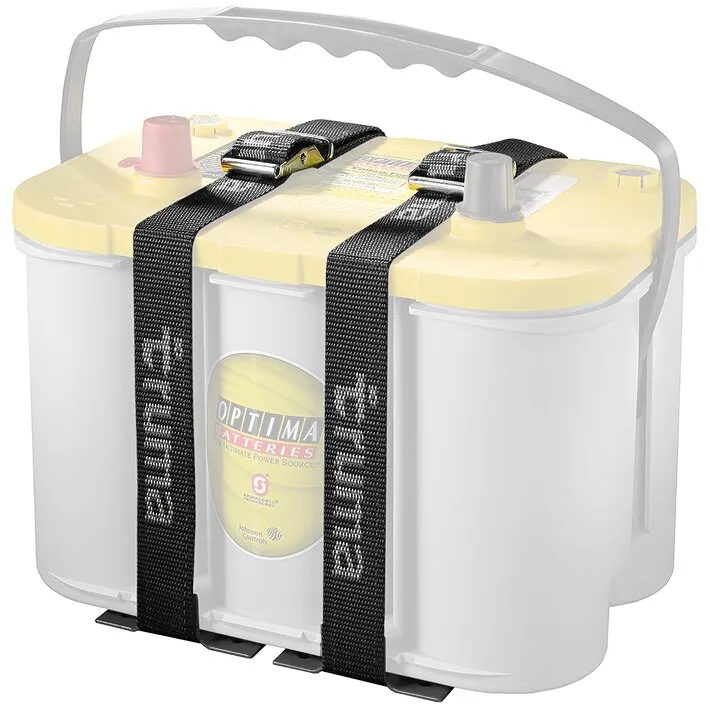 Batteriehalter Optima YTS für eine Optima-Batterie mit zwei schwarzen Befestigungsgurten und grauem Tragegriff