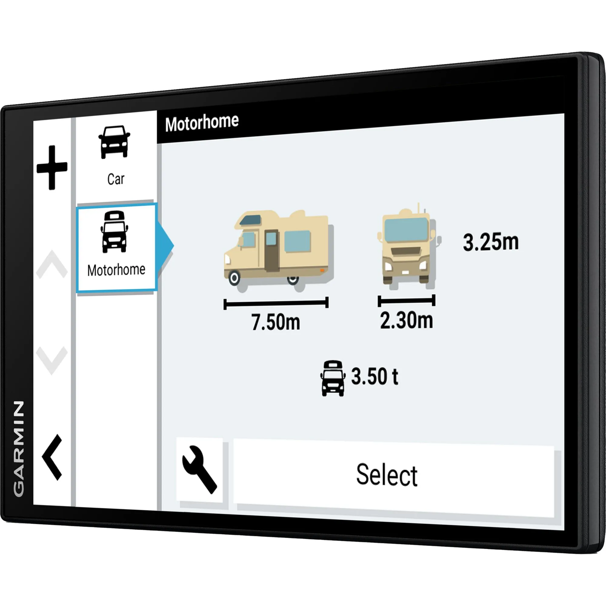 Garmin Camper 795 MT-D EU Navigationssystem mit Wohnmobilprofil und Fahrzeugmaßen von 7,50 m × 2,30 m × 3,25 m bei 3,50 t