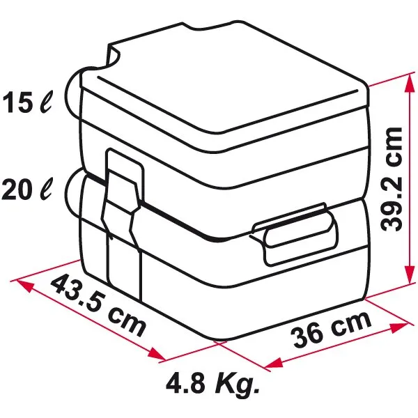 Tragbare Toilette BI-POT in schwarzer Ausführung mit Deckel, zwei Behältern für 15 und 20 Liter, Verschlüssen und Maßen von 43,5 × 36 × 39,2 cm, Gewicht 4,8 kg