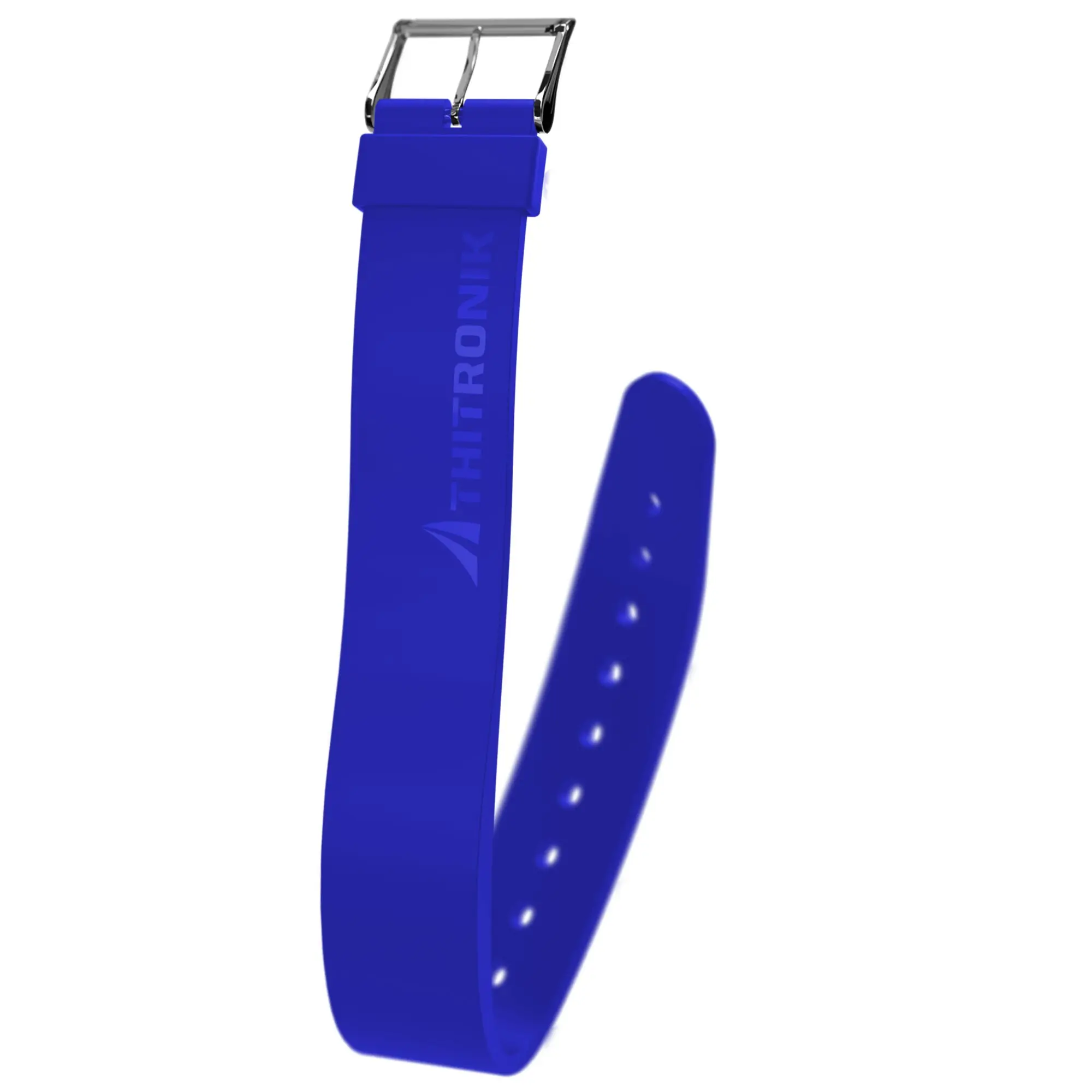 Detailaufnahme eines blauen NFC-Silikonarmbands KeyStrap mit silbernem Metallverschluss, sichtbarer Schlaufe und Lochung am Band