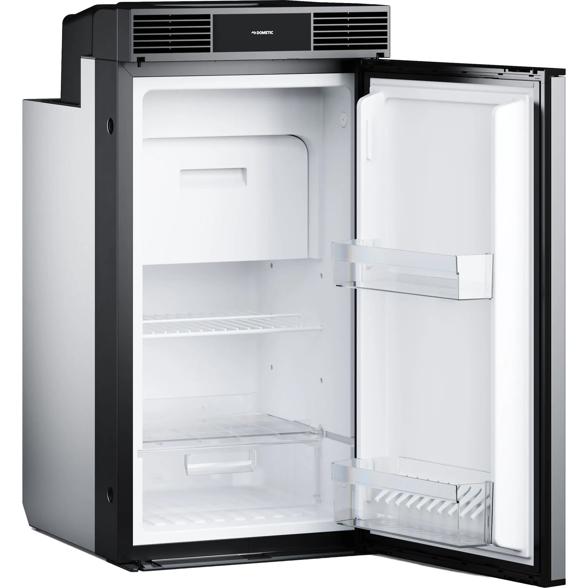 Kompaktkühlschrank RC 10.4P von Dometic, 70 Liter, Innenraum mit Ablagen und Türfach, Tür nach rechts geöffnet