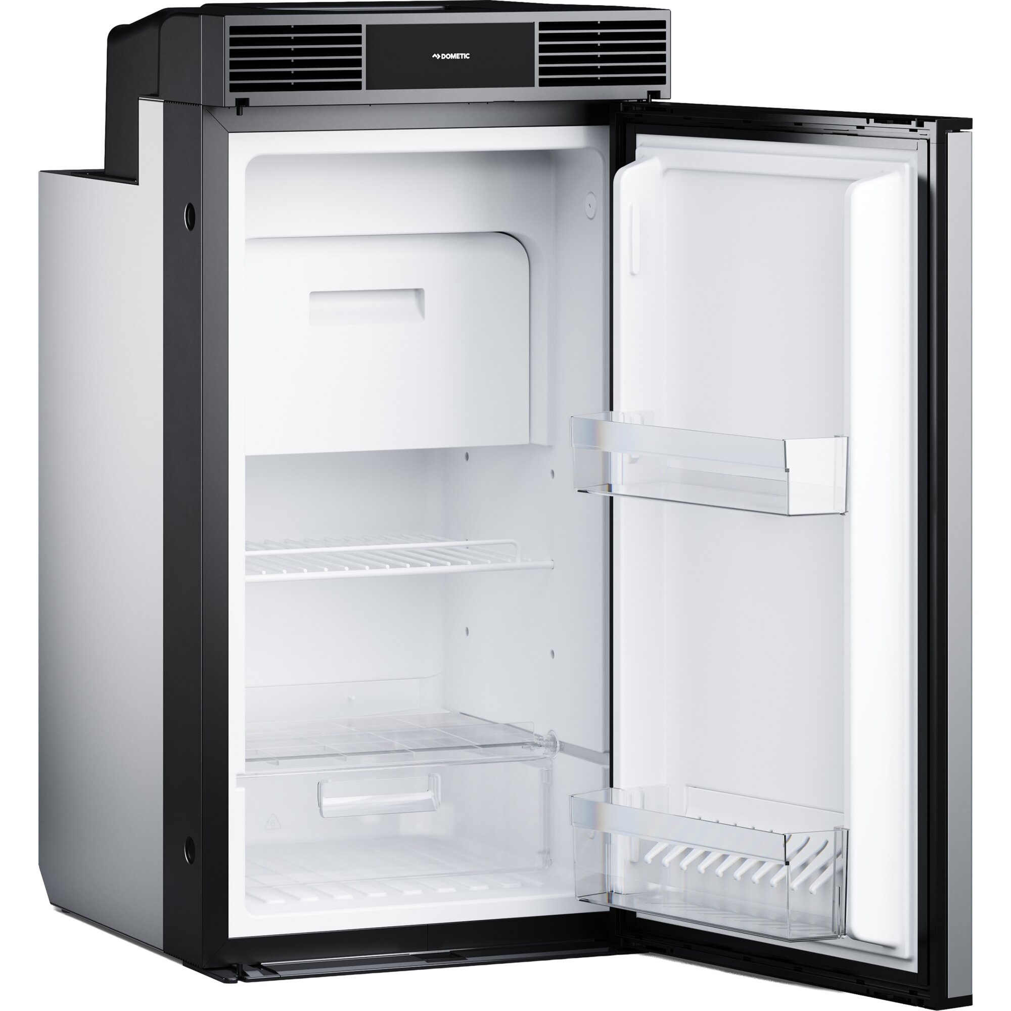 Kompaktkühlschrank RC 10.4P von Dometic, 70 Liter, Innenraum mit Ablagen und Türfach, Tür nach rechts geöffnet