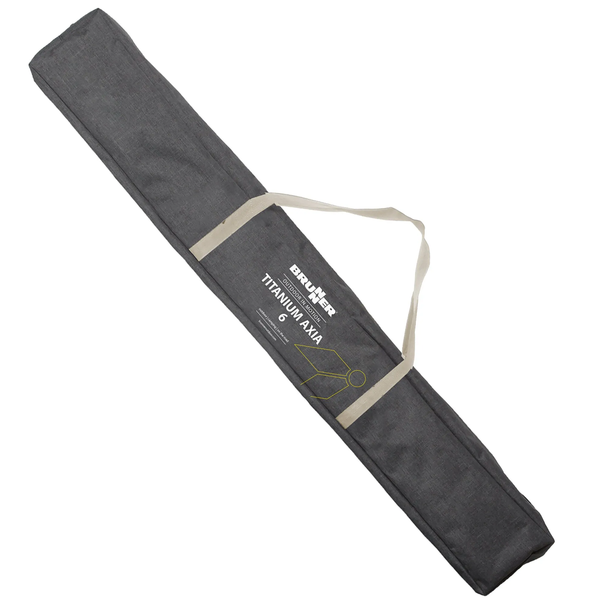 Zusammengelegter dunkelgrauer Rolltisch Titanium Axia von Brunner mit Tragegurten und aufgedrucktem Logo