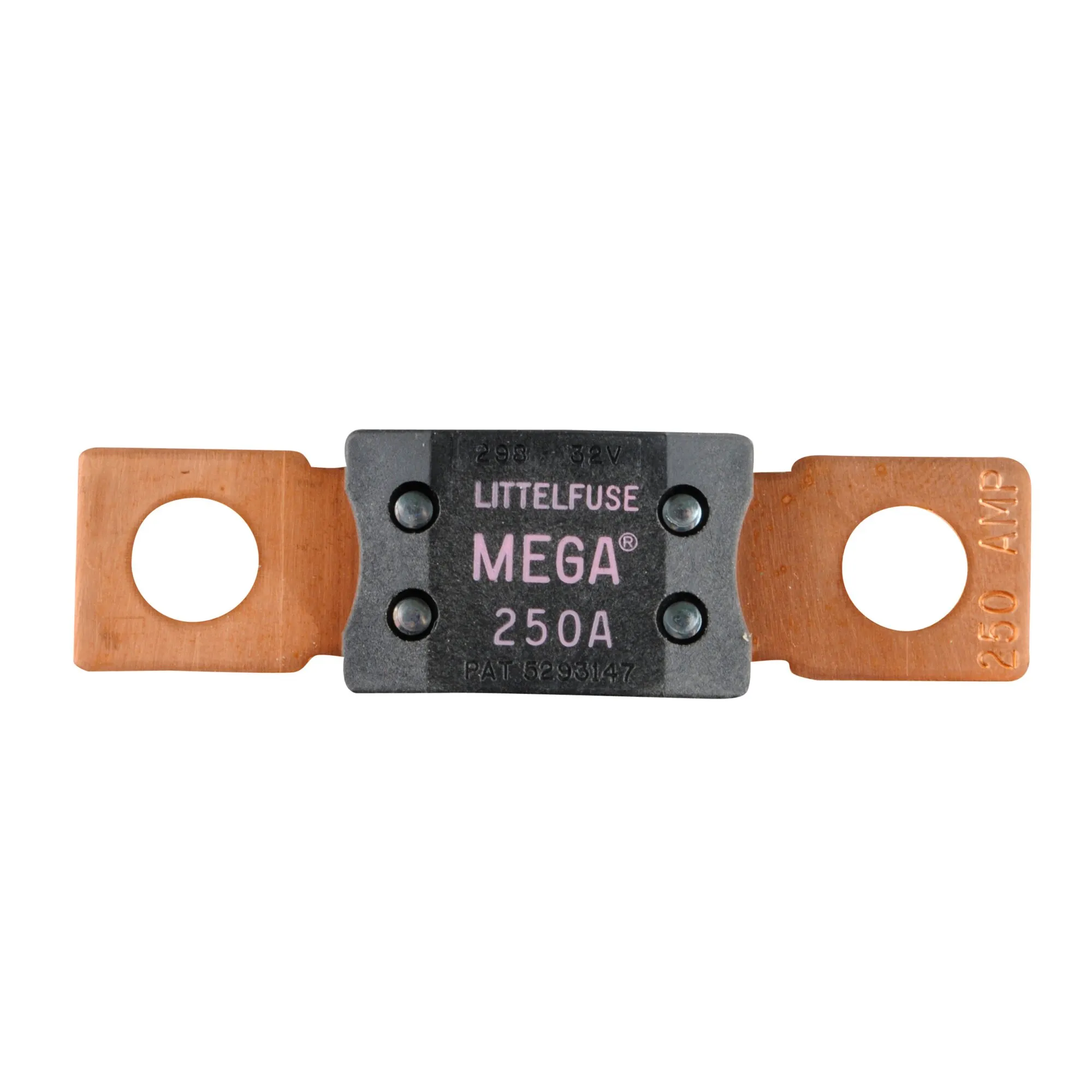 Littelfuse MEGA-Hochlastsicherung mit 250 A, schwarzem Gehäuse und zwei kupferfarbenen Anschlusslaschen mit Befestigungsbohrungen