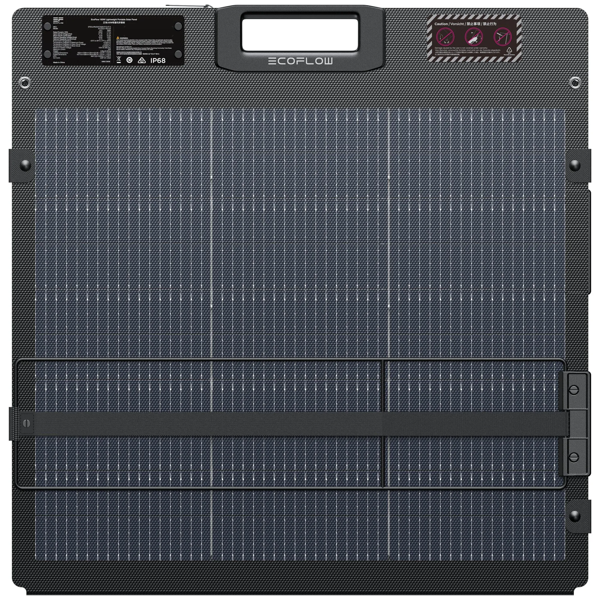 Faltbares Solarmodul mit 160 Wp in dunklem Karbonfaser-Gehäuse, sichtbare Zellen unten, mittiger Tragegriff mit ECOFLOW-Logo, Beschriftungen oben