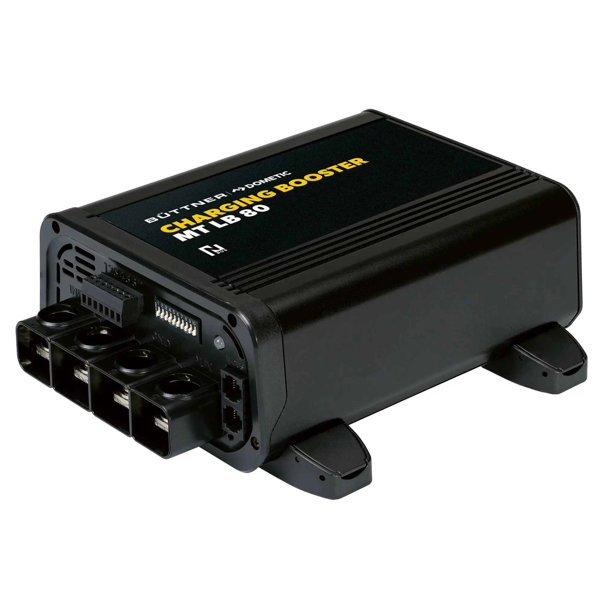 Schwarzes rechteckiges Elektronikgerät mit gelber Aufschrift CHARGING BOOSTER MT LB880 DOMETIC, vorne mehrere Anschlussklemmen und Lüftungsschlitze