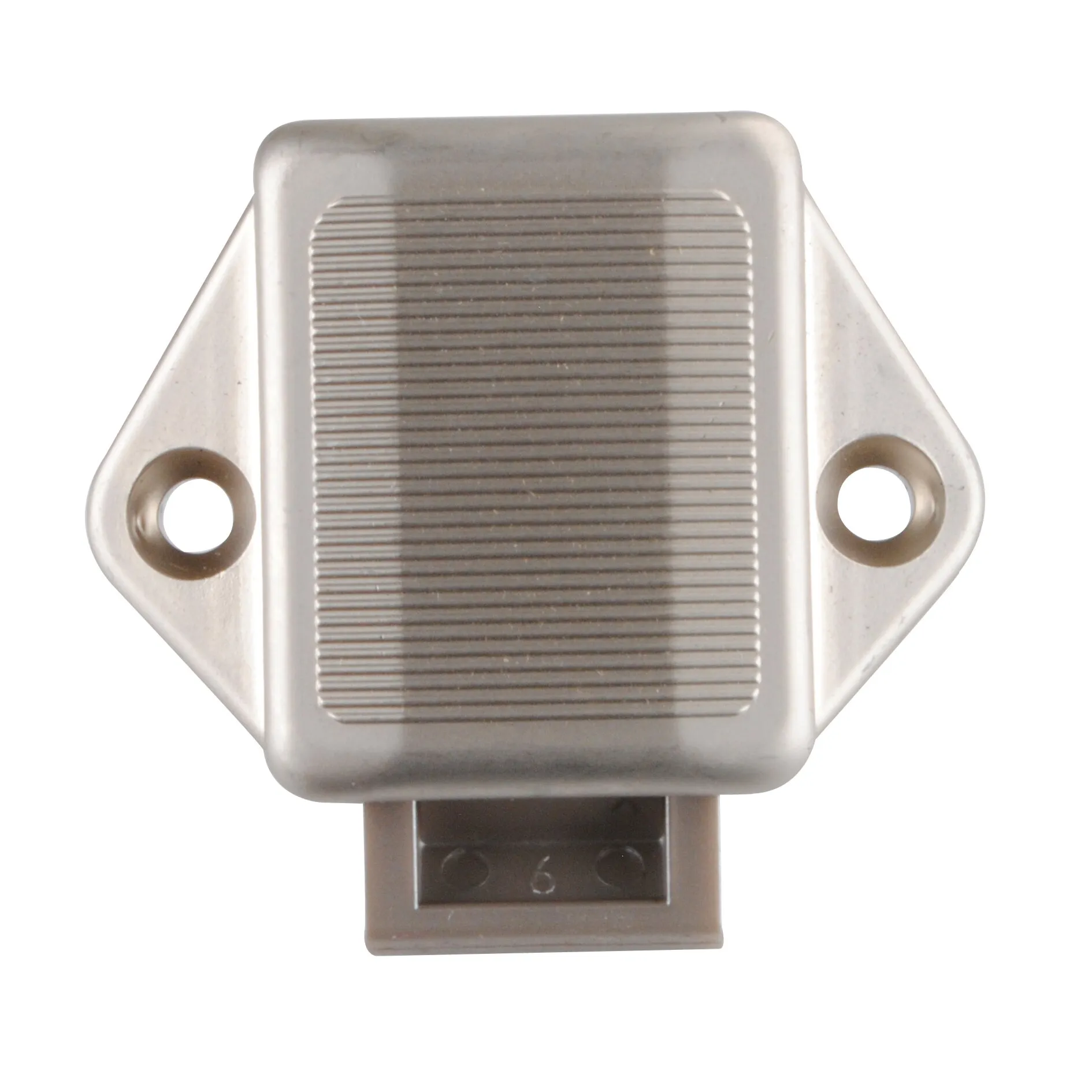 Silbernes Aufschraub-Riegelschloss Push-Lock Mini mit geriffelter Druckfläche und zwei Befestigungsbohrungen