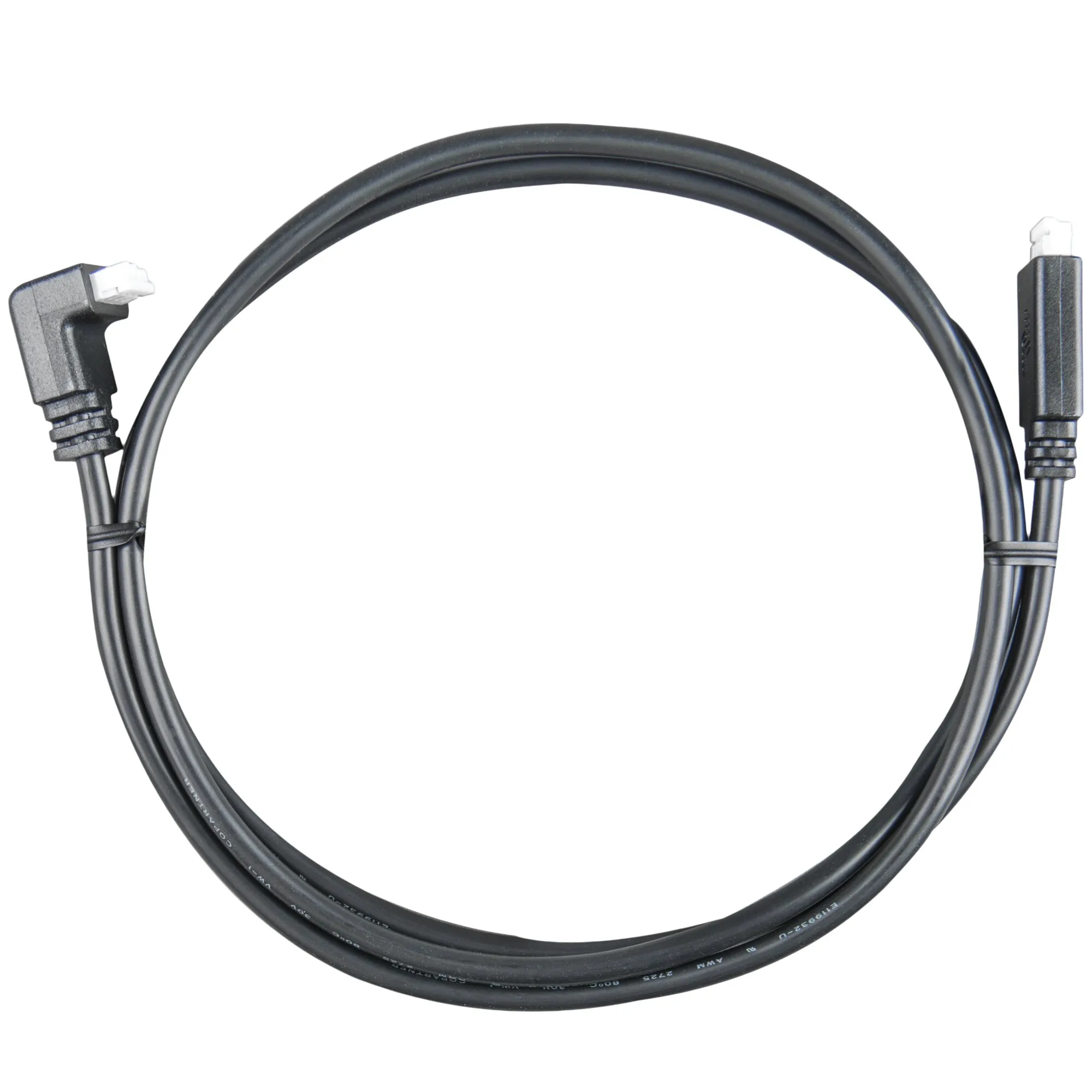 Schwarzes VE.Direct-Verbindungskabel mit einem geraden und einem um 90 Grad abgewinkelten Stecker, 1,8 m lang