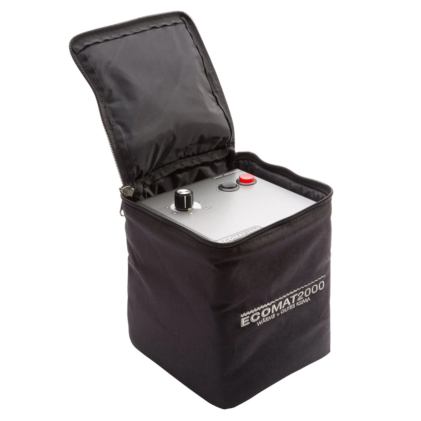 Geöffnete schwarze gepolsterte Tasche mit Reißverschluss und eingelegtem Ecomat-2000-Gerät mit Bedienelementen
