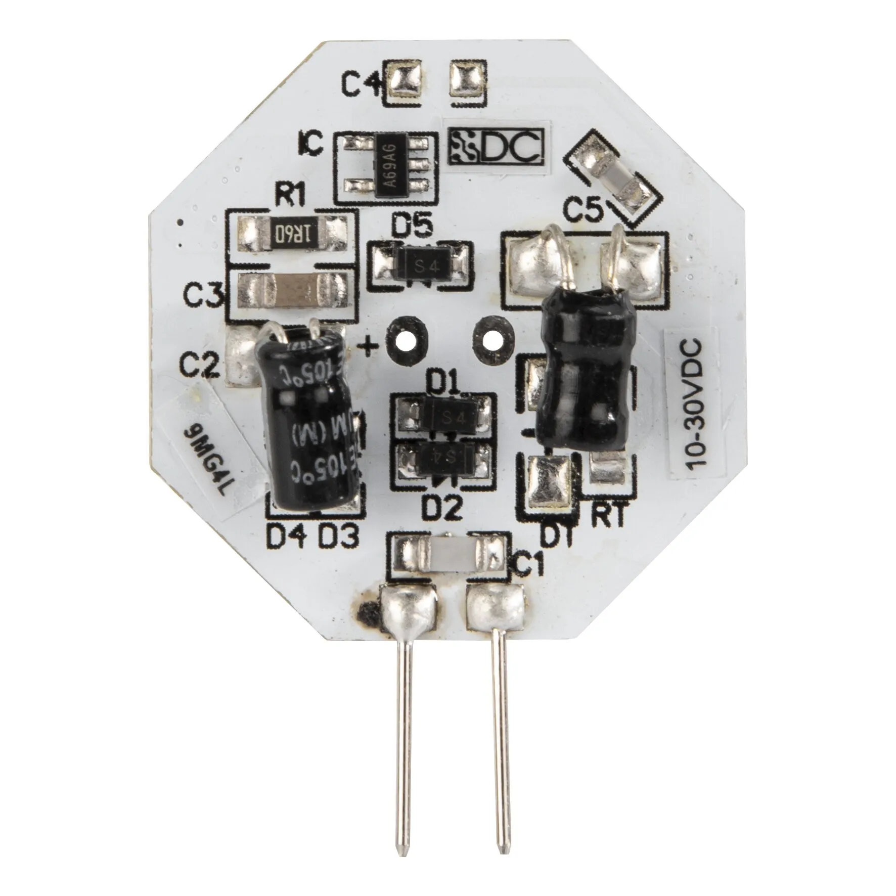 Weißes rundes G4-LED-Flachmodul mit zwei Anschlussstiften und sichtbaren elektronischen Bauteilen, 0,50 W