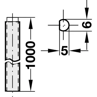 Technische Zeichnung einer 1000 mm langen Profilstange mit abgerundetem Querschnitt, 5 mm breit und 6 mm hoch