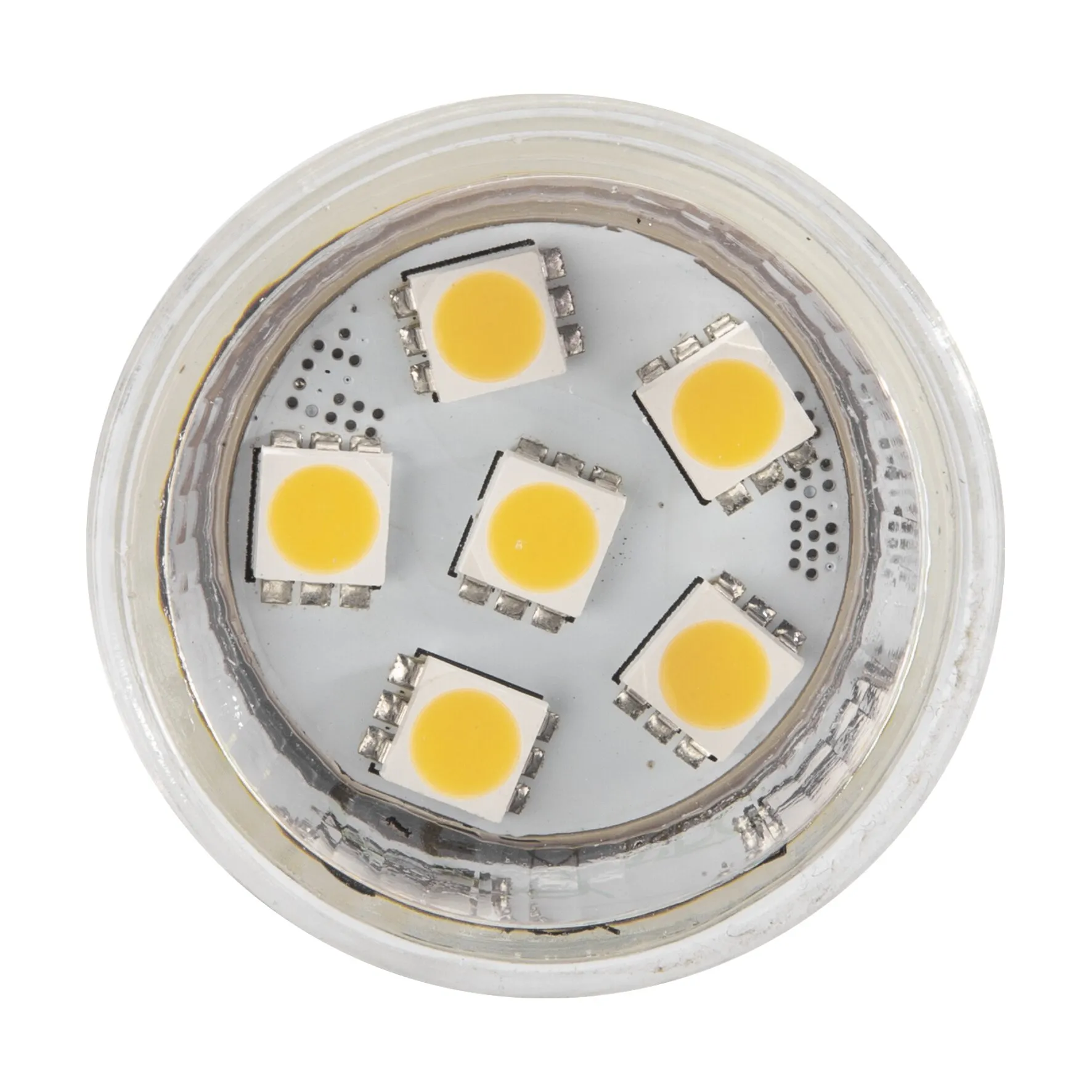 Detailaufnahme eines runden LED-Leuchtmittels GU4 mit 1 W und mehreren gelben LED-Chips unter transparenter Abdeckung