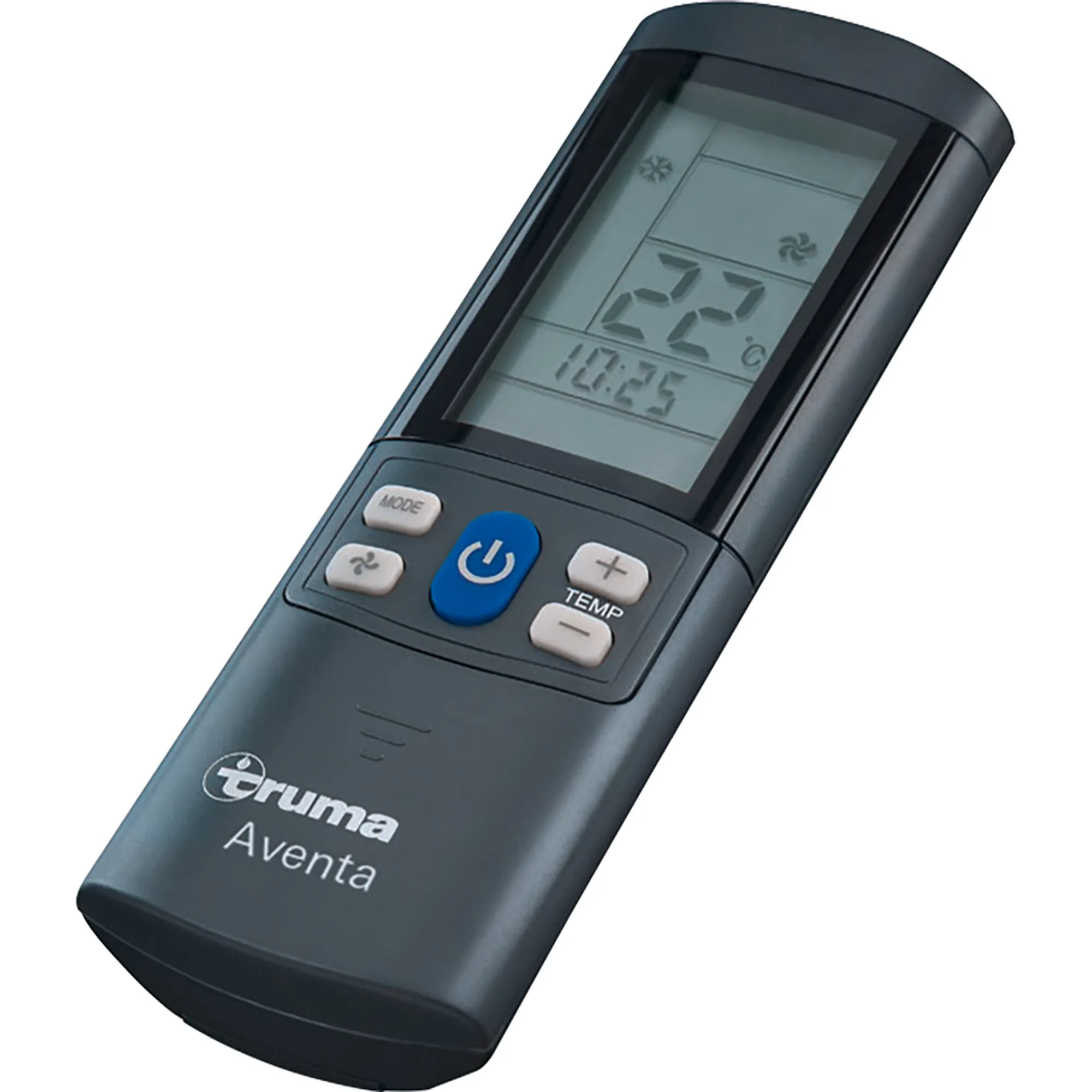 Schwarze Aventa-Fernbedienung von Truma mit LCD-Anzeige, Temperaturanzeige und Tasten für Klimaanlage und Lüfter