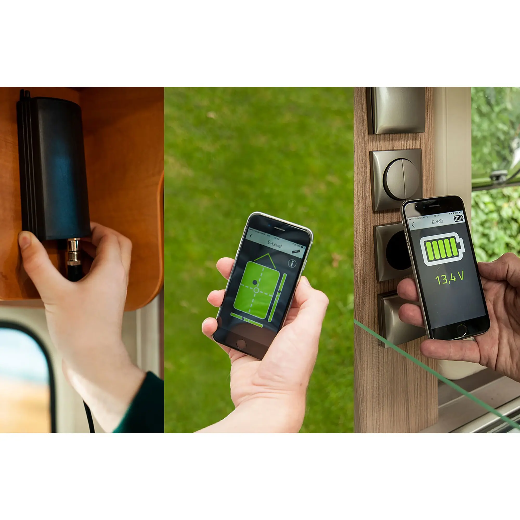 Collage aus drei Bildern: links Hand hält schwarzen zylindrischen Messsensor, mitte Smartphone mit grüner Grafik, rechts Smartphone zeigt Batterieanzeige 13,4 V vor Holzoberfläche