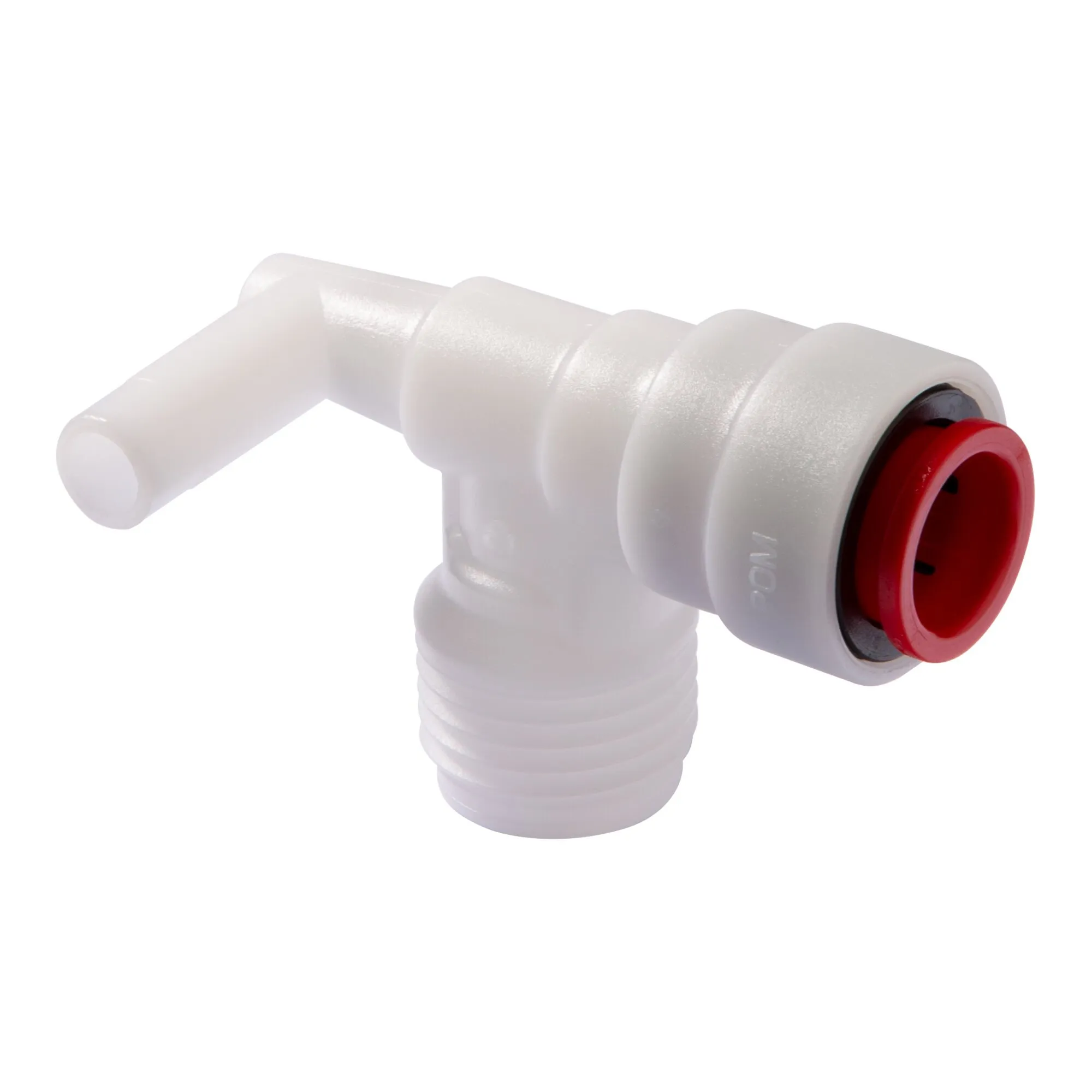 Winkelanschlussventil M 20/JG 12 mm aus weißem Kunststoff mit rotem Steckanschluss und geriffeltem Gewinde (Detailansicht)