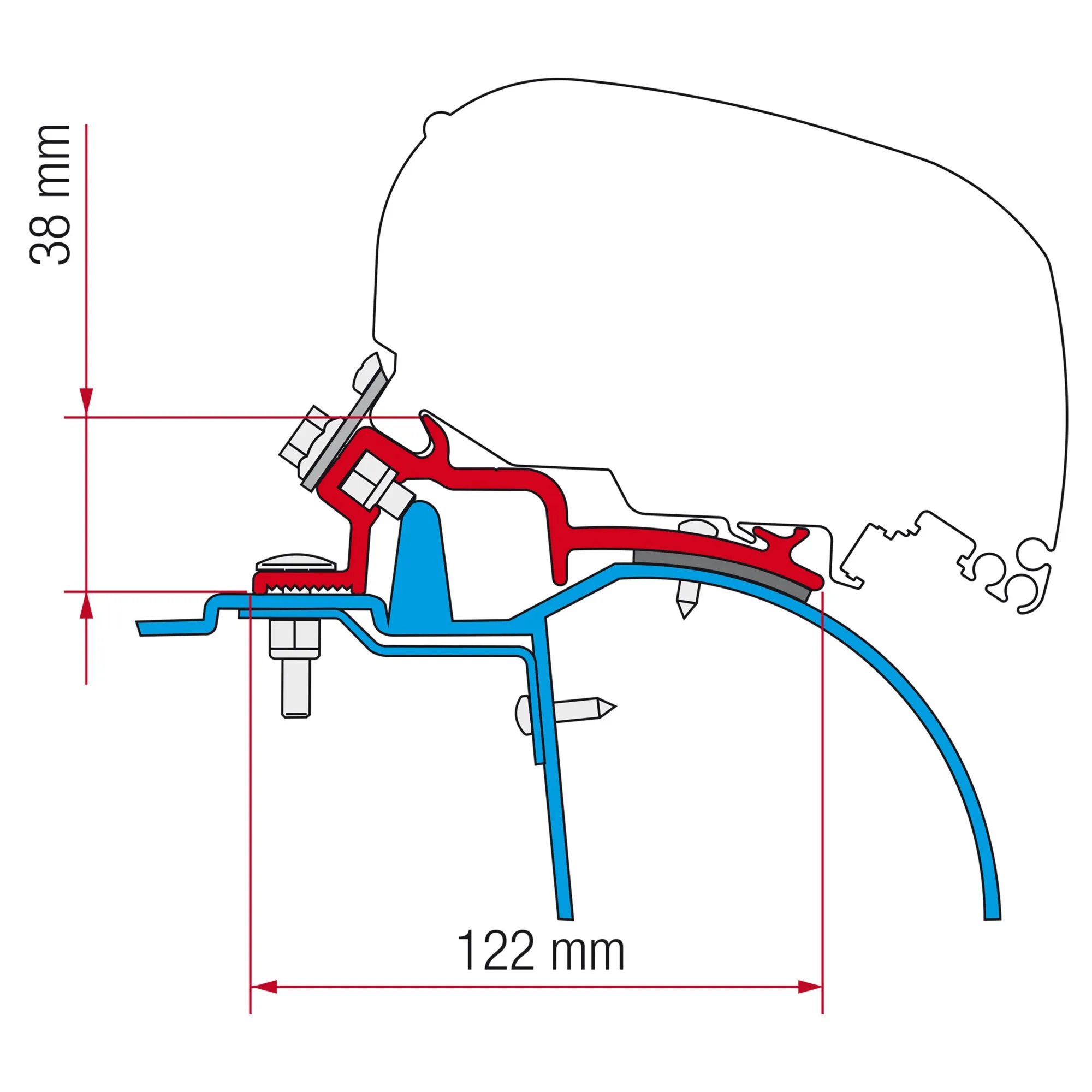Technische Schnittzeichnung des Kit Renault Master H2 mit rot-blau markierten Bauteilen und Maßangaben von 38 mm und 122 mm