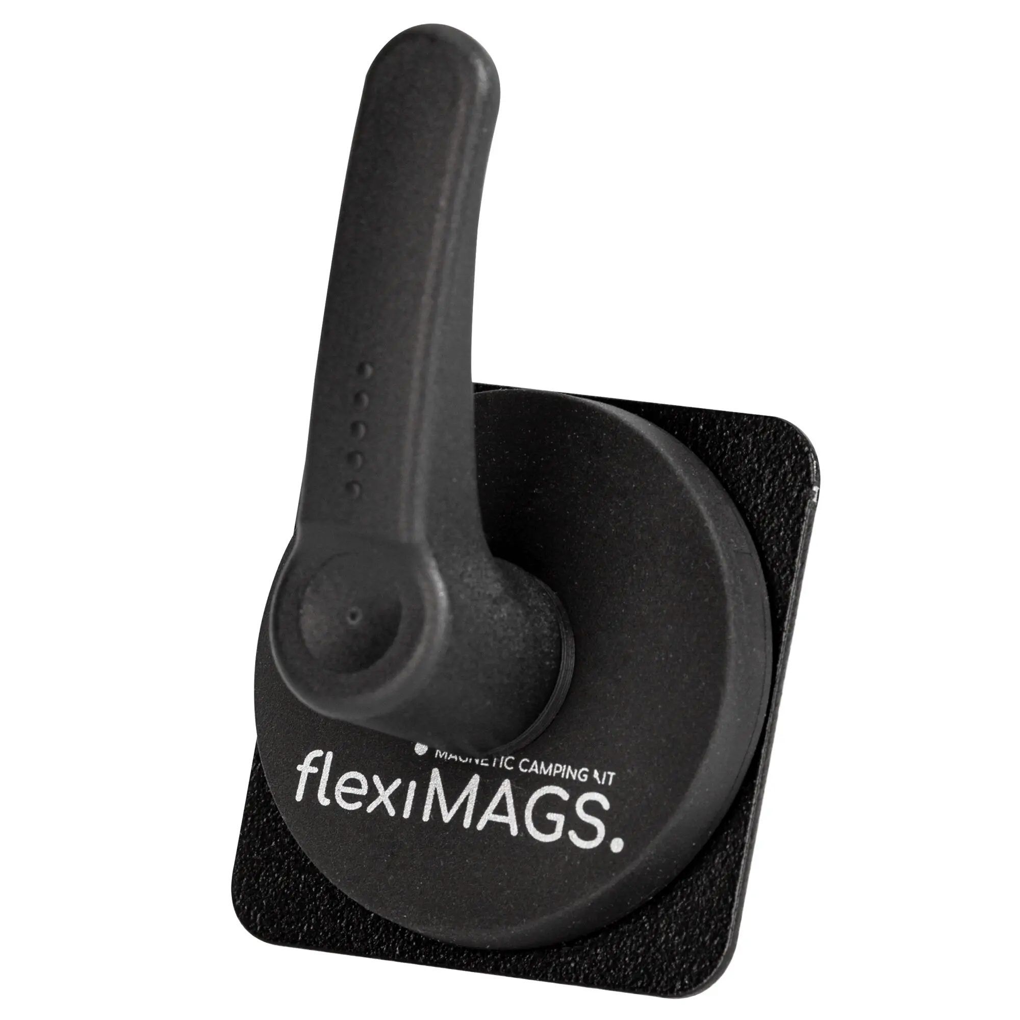 Detailaufnahme eines schwarzen flexiMAGS Handtuchhalters: schlanker, gebogener Arm mit Perforationen, rundem Gelenk und strukturierter Basis aus matt schwarzem Material