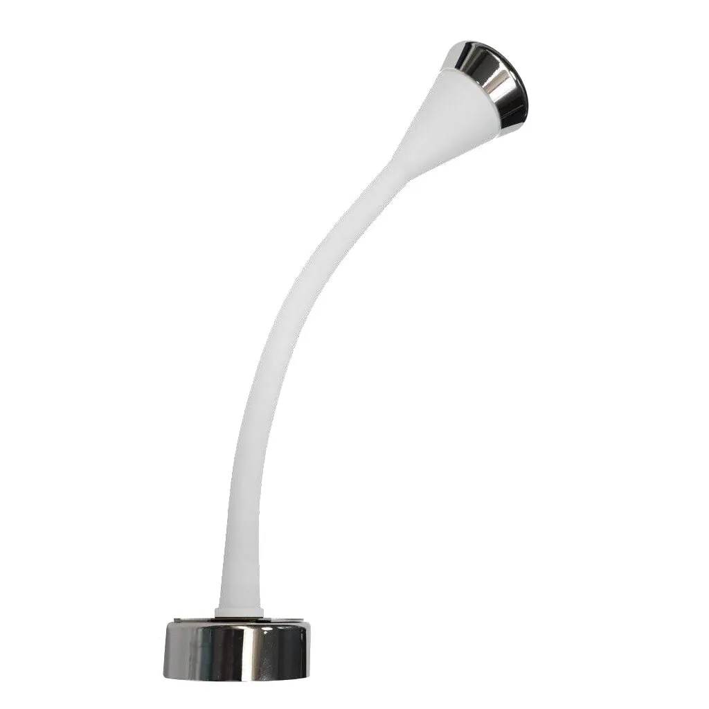 Weiße flexible Leseleuchte mit gebogenem Soft-Touch-Leuchtenarm und verchromtem Standfuß sowie Leuchtenkopf