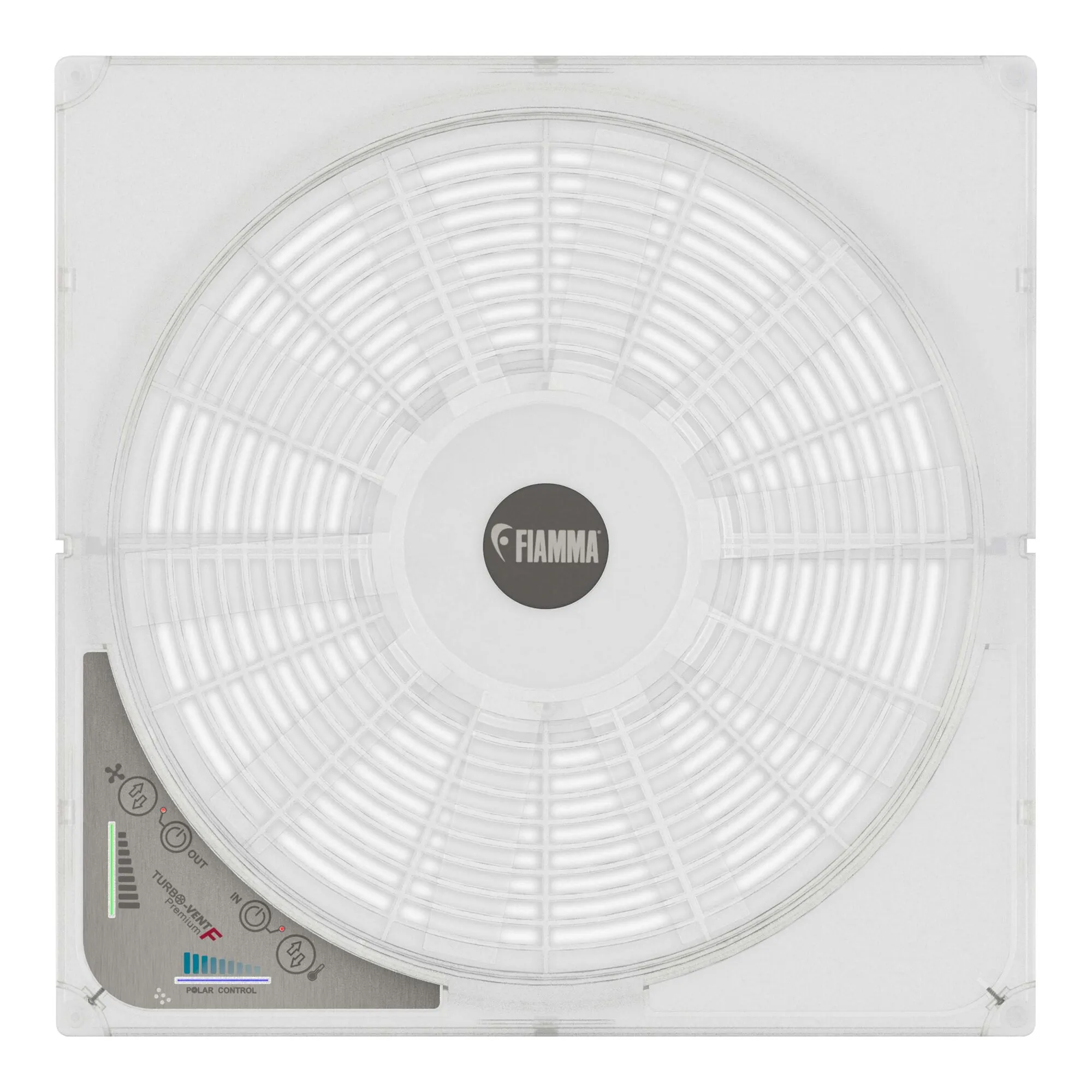 Weiße Dachhaubenventilator-Abdeckung mit rundem Schutzgitter, Fiamma-Logo und Bedienfeld für Turbo Vent F mit Polar Control