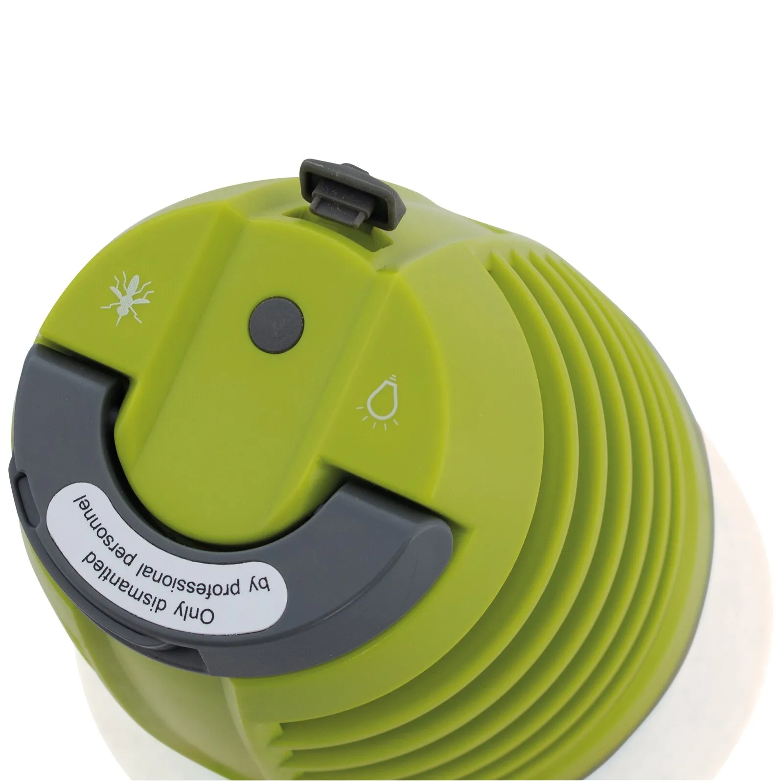 Grüne, kugelförmige UV-Insektenlampe mit schwarzem Tragebügel, Bedienknopf, Lüftungsschlitzen und Insektensymbol