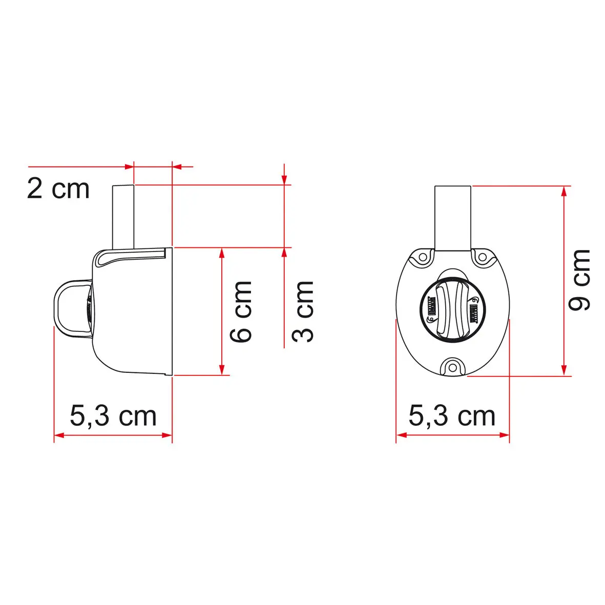 Technische Zeichnung der Innentürverriegelung Safe Door Guardian Universal mit Seiten- und Frontansicht; Maßlinien, Breite 5,3 cm, Höhe 9 cm