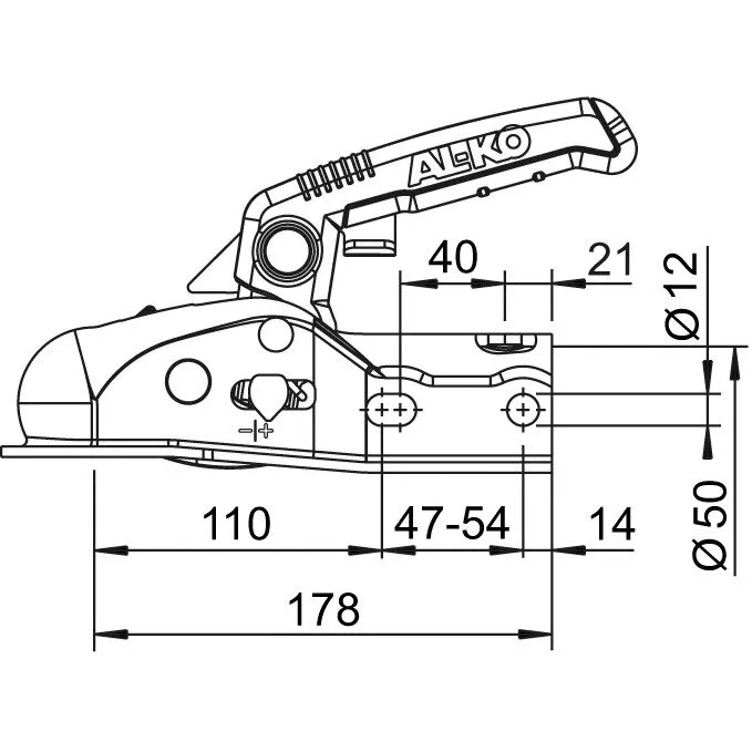 Technische Seitenansicht der Kugelkupplung AL-KO AK 161/AK 270 für 2700 kg mit Maßangaben und Bohrungen