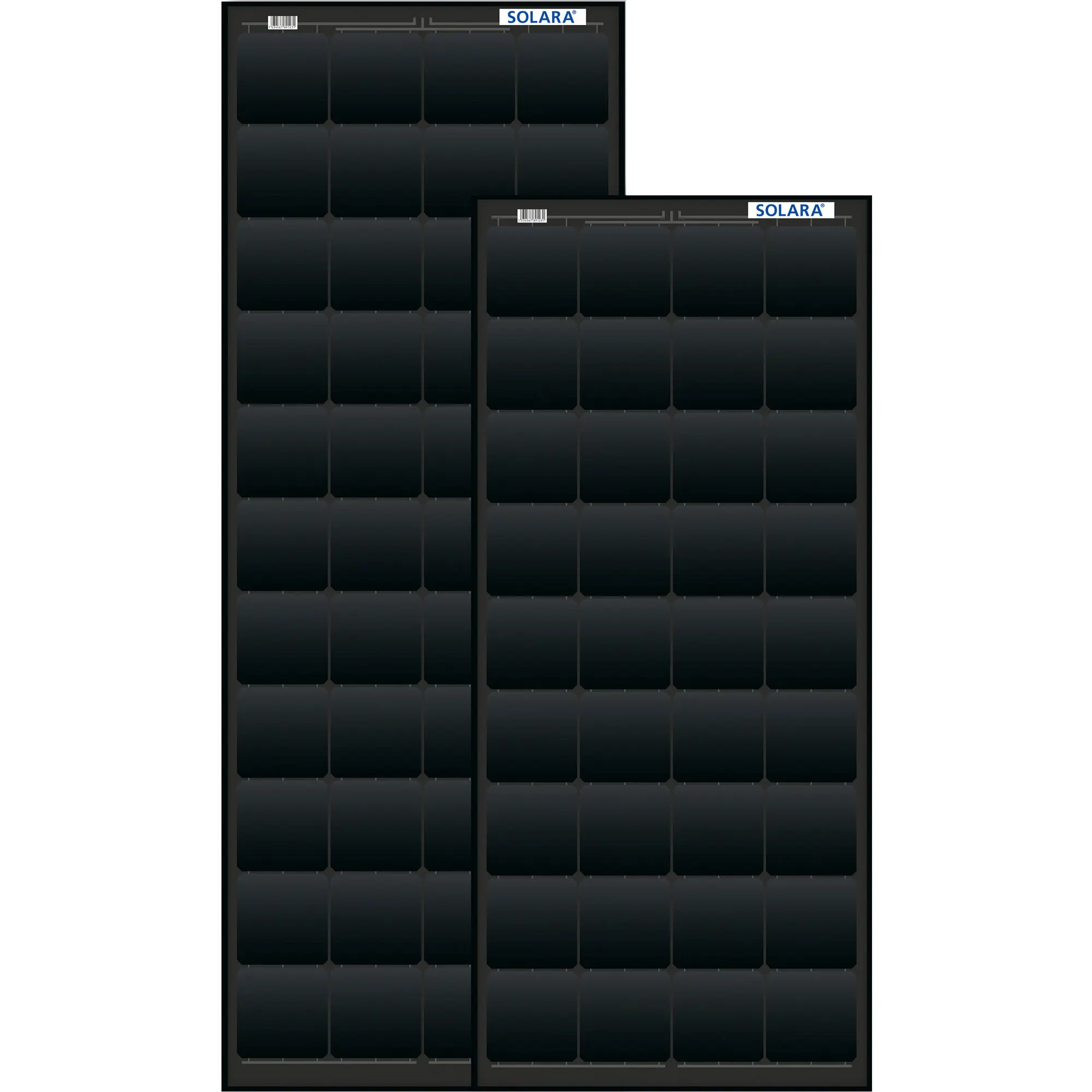 Zwei schwarze Solarmodule der Power S-Serie mit dunklen Zellen, grauem Rahmen und Barcode-Aufkleber, oben rechts das SOLARA-Logo sichtbar