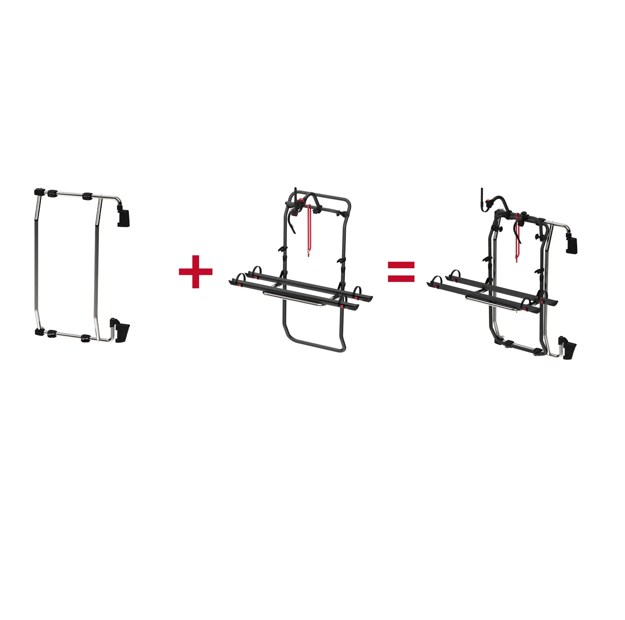 Dreifache Sicht auf einen silbernen Carry-Bike Frame Träger mit Halterungen und roten Spanngurten, verschiedene Perspektiven der Metallkonstruktion