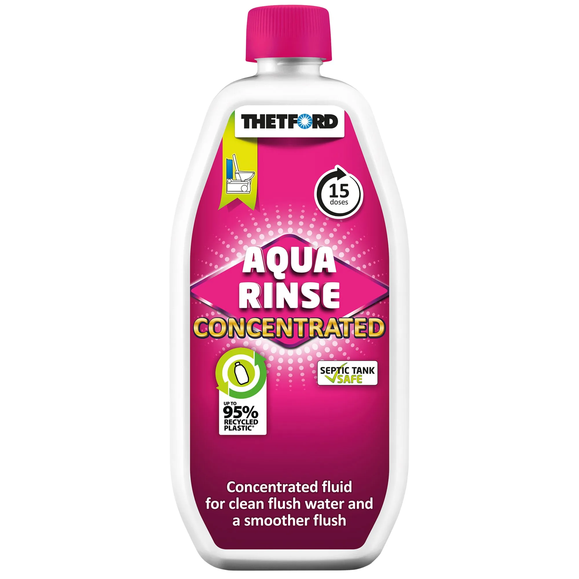 Weiße Flasche mit pinkem Verschluss: Thetford Aqua Rinse Toilettenzusatz als konzentrierte Flüssigkeit für 15 Anwendungen