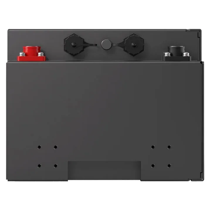 Schwarze Lithium-Batterie PRO mit 240 Ah, rechteckiges Gehäuse, roten und schwarzen Anschlussklemmen sowie Befestigungsöffnungen