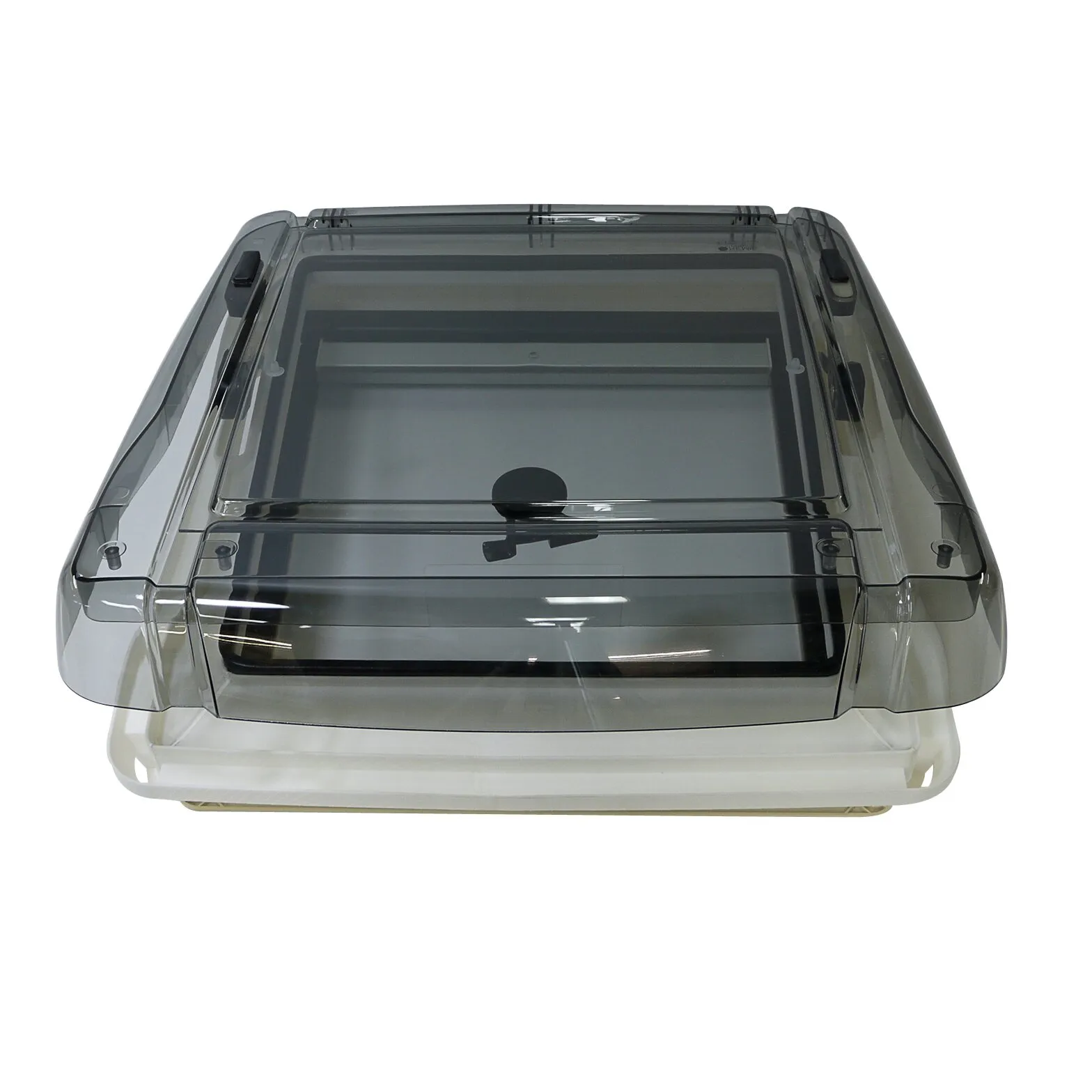 Dachhaube REMItop Vista aus transparentem Rauchglas mit rechteckigem Rahmen und integrierter Verdunkelungsabdeckung, Frontansicht