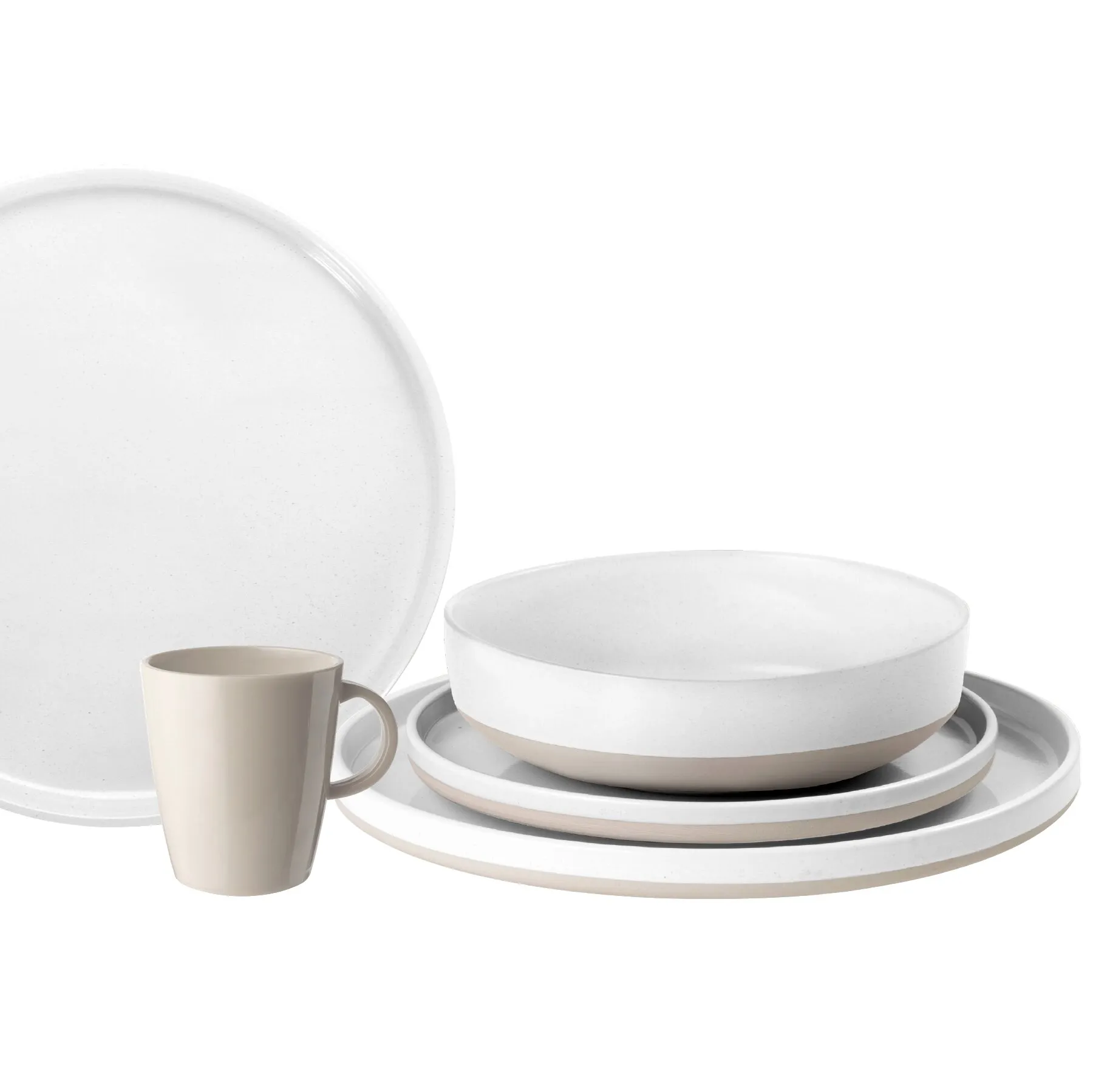 Geschirrset Lunch Box Odette in Weiß und Beige mit gestapelten Tellern, Schalen und einer Tasse vor weißem Hintergrund