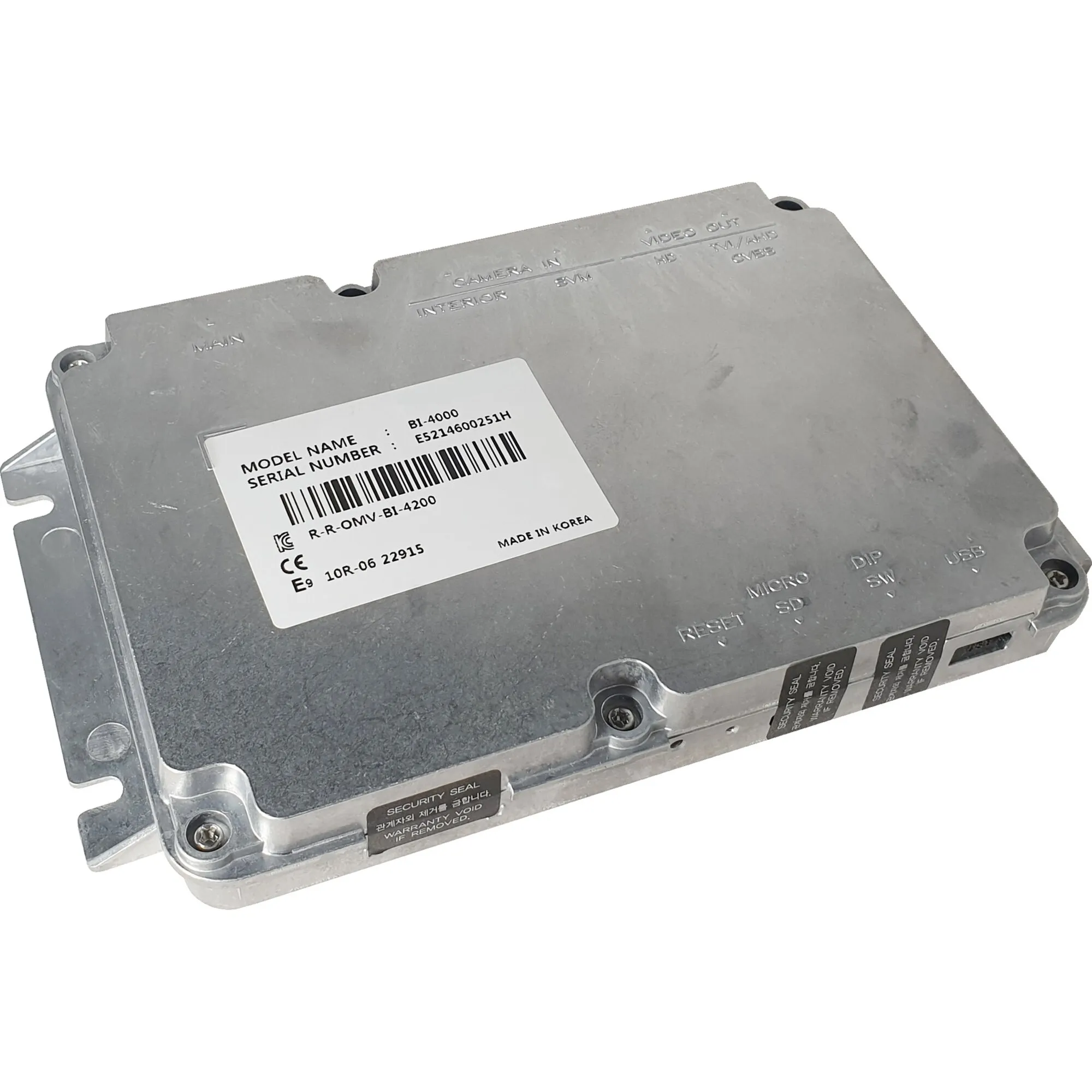 Silbernes Steuergerät BI-4200 des Camos-Rückfahrvideosystems mit Anschlüssen für Kameras, Videoausgang, USB und microSD