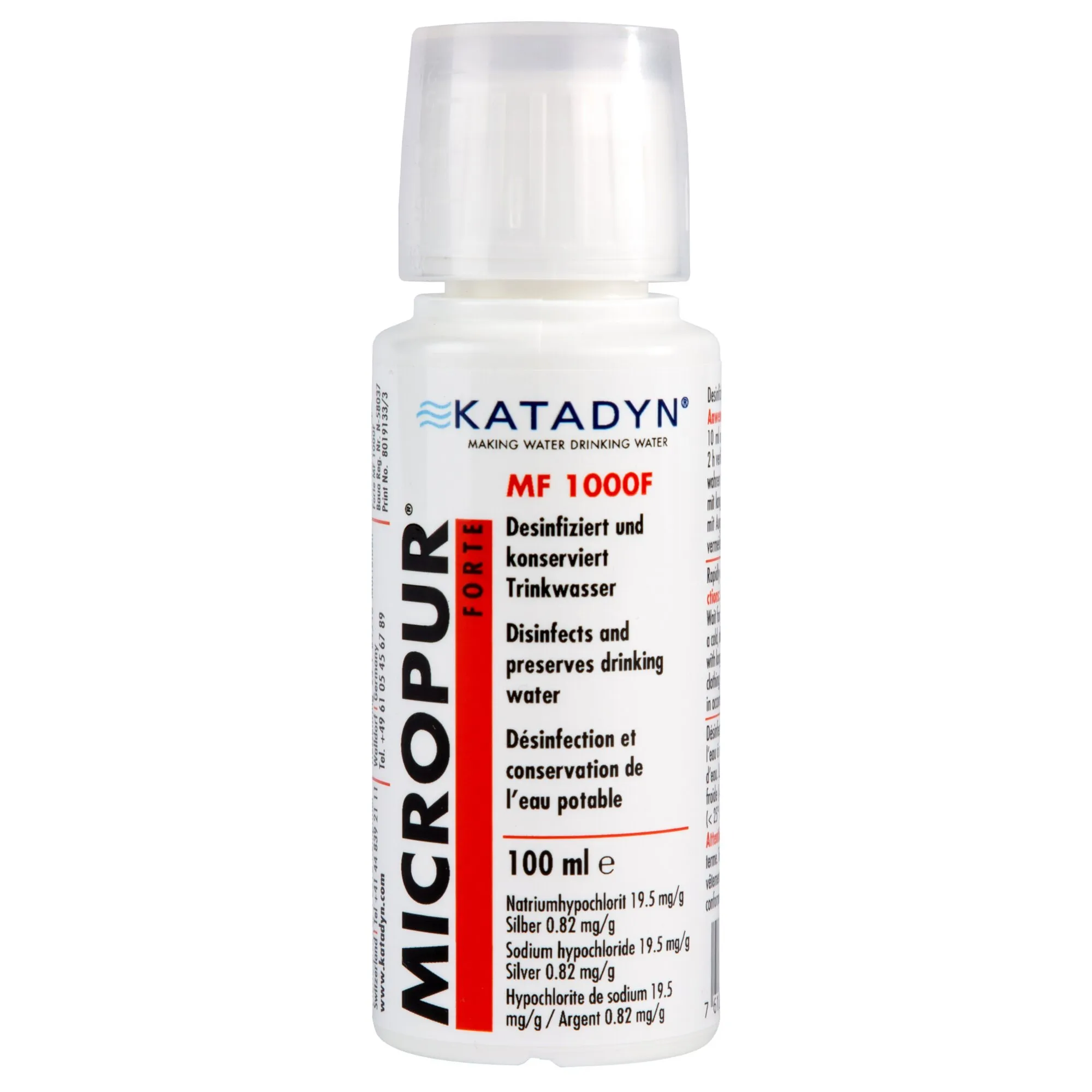 Weiße 100-ml-Flasche Katadyn Micropur Forte MF 1000F zur Desinfektion und Konservierung von Trinkwasser geschniegelt