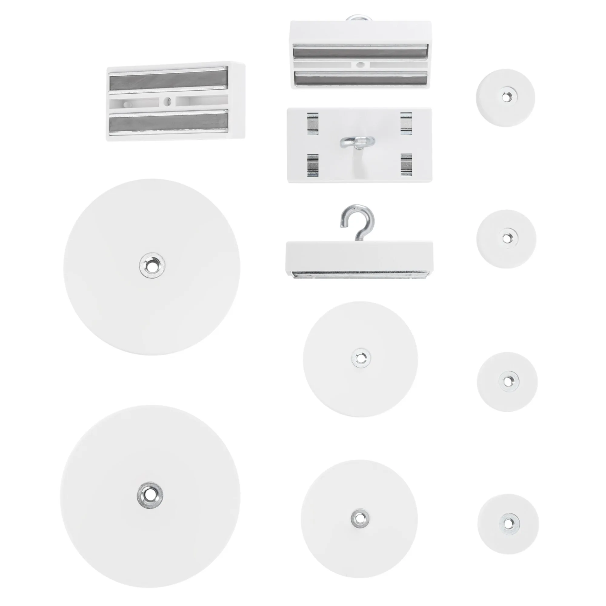 Magnet-Set Starter mit weißen runden und rechteckigen Magneten, teils mit versenkter Bohrung, Metallflächen und Haken