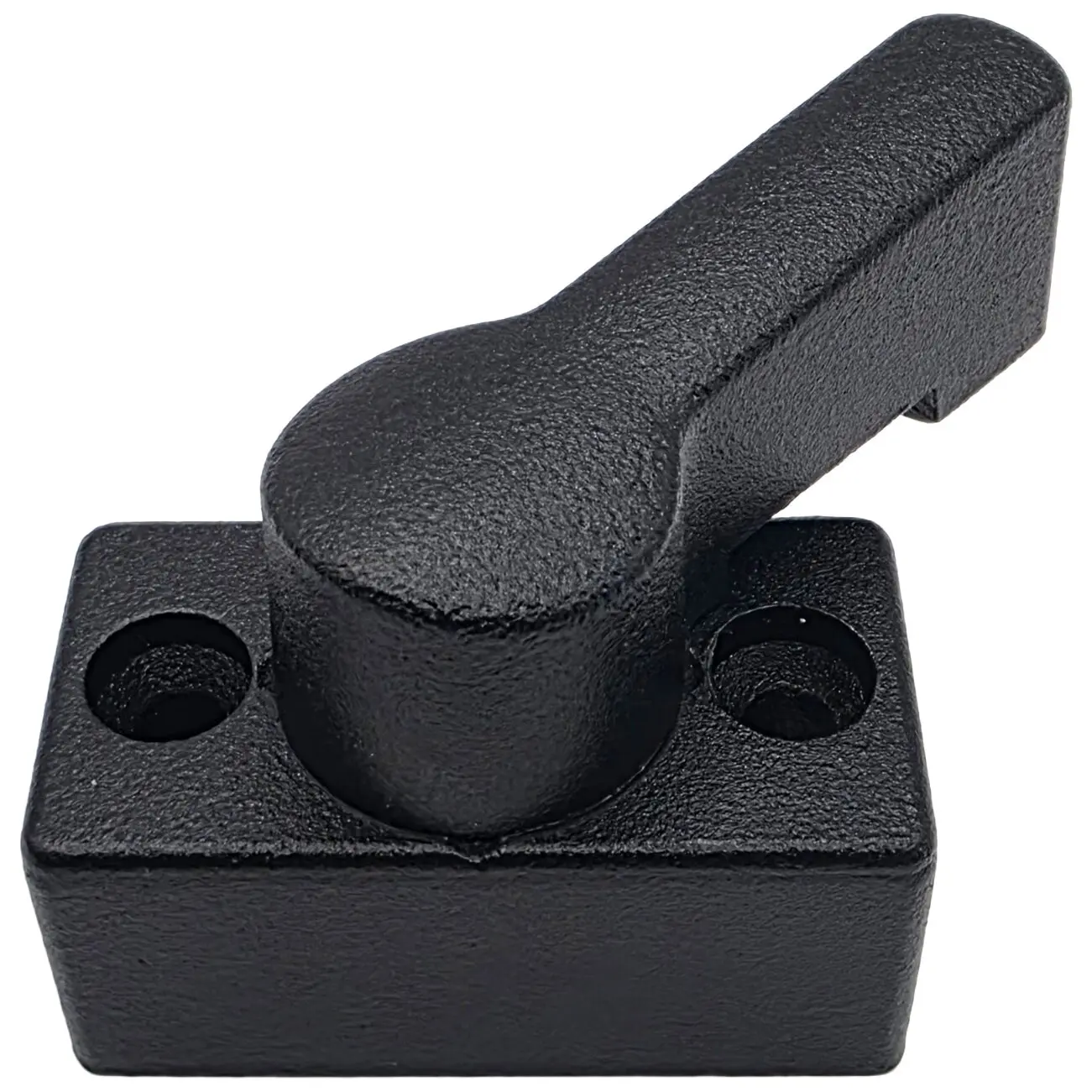 Schwarzer Türverbindungsriegel aus Metall mit rechteckiger Grundplatte, zwei Befestigungsbohrungen und schwenkbarem Riegelhebel, 18 mm