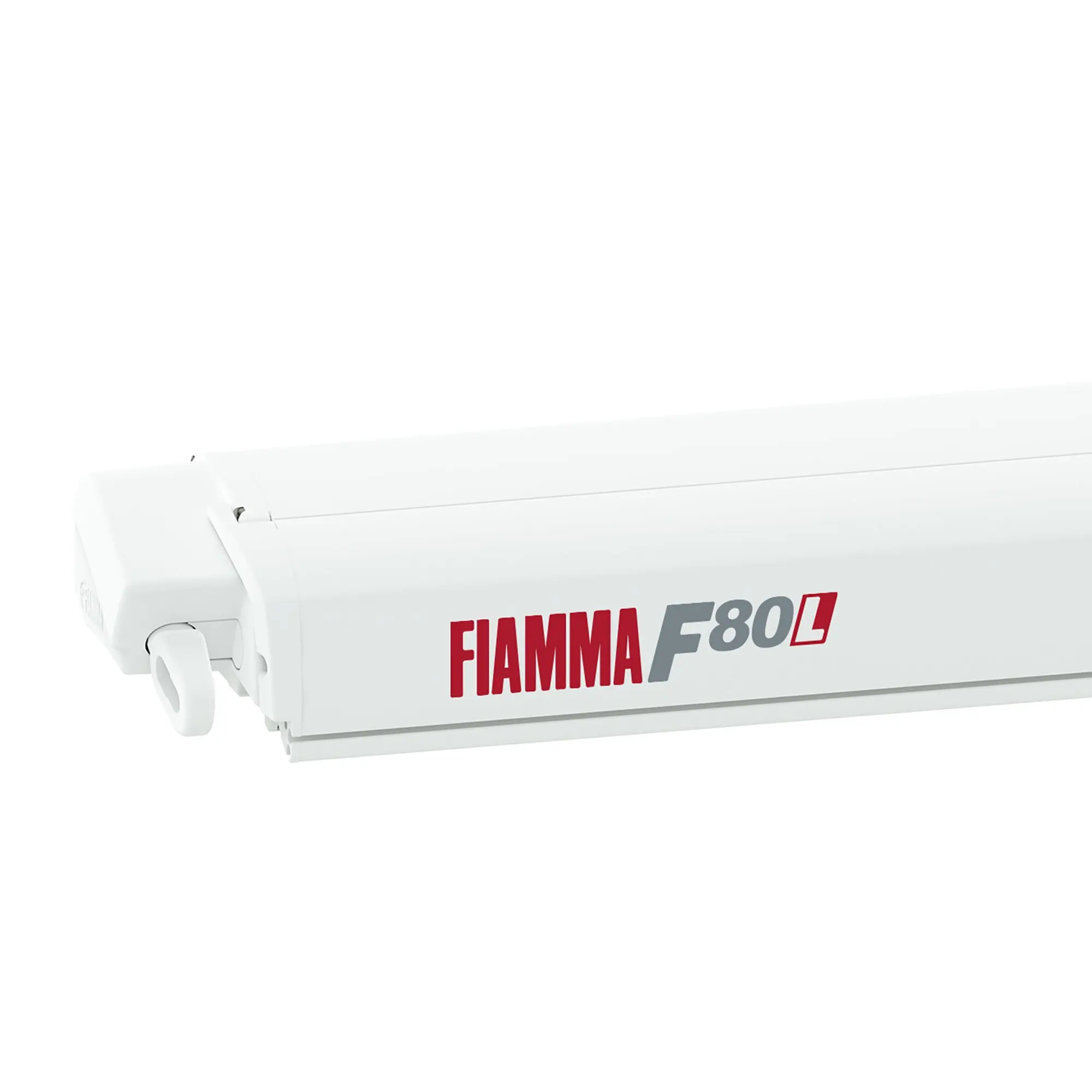 Weiße Markisenkassette mit FIAMMA F80L-Aufdruck, sichtbarer seitlicher Griff und glatte Gehäuseoberfläche