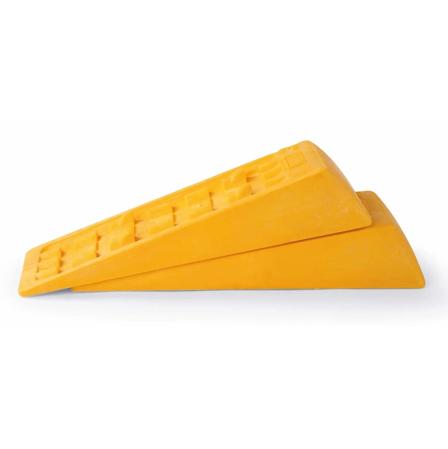 Gelbes Auffahrkeil-Level-System aus Kunststoff in Seitenansicht, zwei Keile übereinander mit gerippter Auffahrfläche, 60 cm, 12 cm Jumbo, 2er-Set