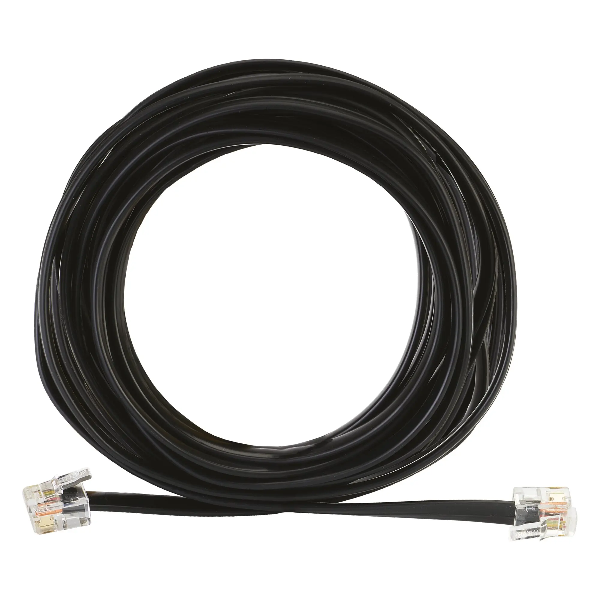 Schwarzes N-Bus Kabel in einer großen Schlaufe, an beiden Enden transparente RJ-45-Stecker sichtbar