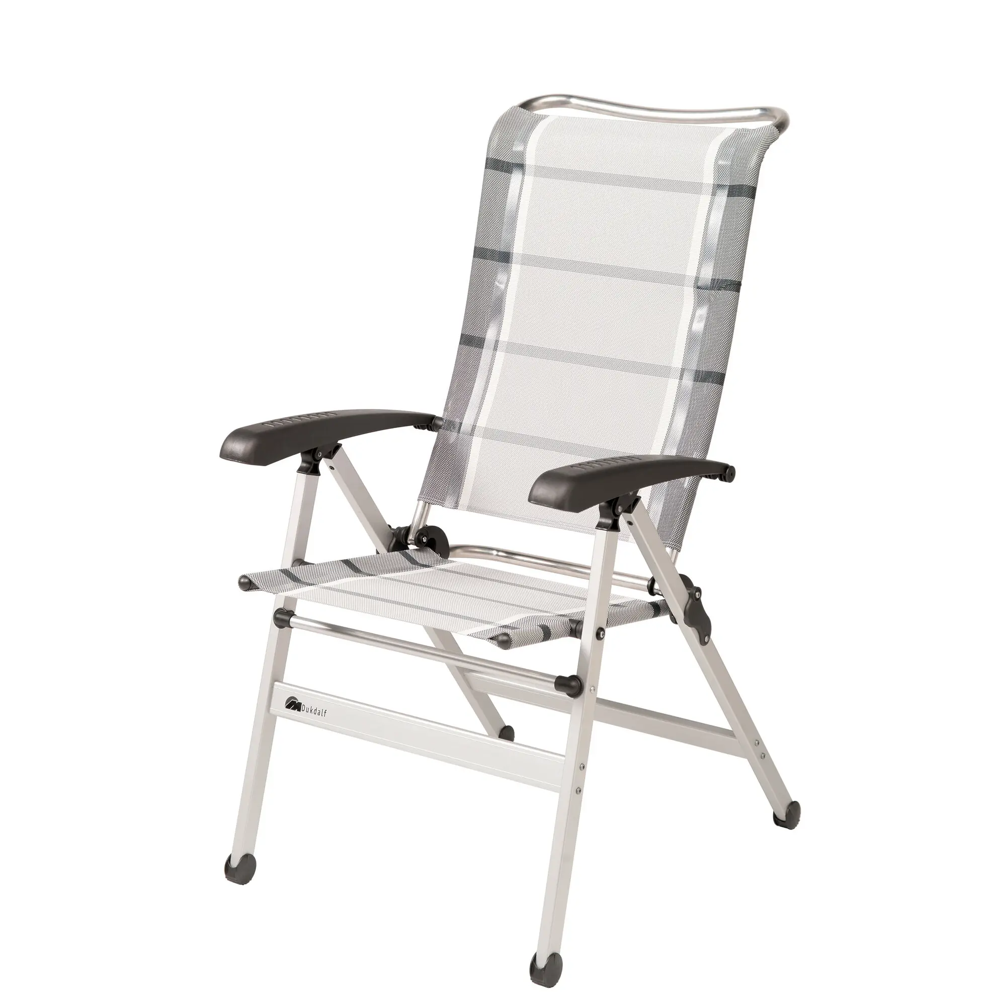 Cha Cha Campingstuhl in Silber mit Mesh-Gewebe, grauen Streifen und verstellbarer Rückenlehne; Armlehnen aus dunklem Kunststoff