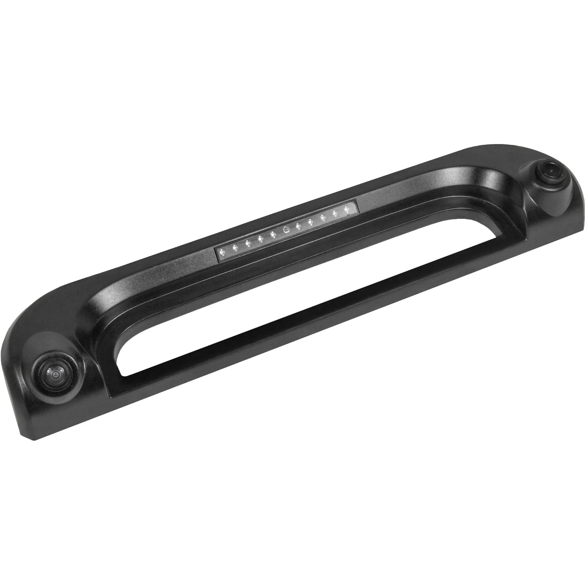 Schwarze ESX Rückfahrkamera VNA-RCAM-DBJ220-15 als längliche Kennzeichenhalterung mit zwei Kameralinsen und LED-Leuchten