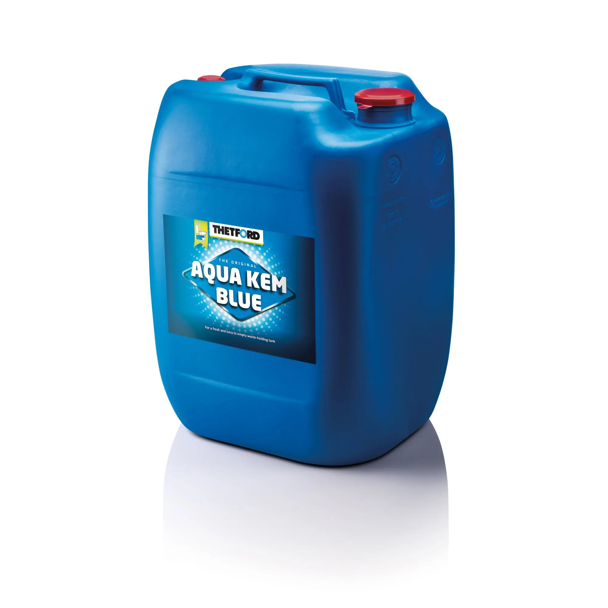 Blauer 30-Liter-Kanister Aqua Kem Blue von Thetford mit Tragegriff und rotem Schraubverschluss