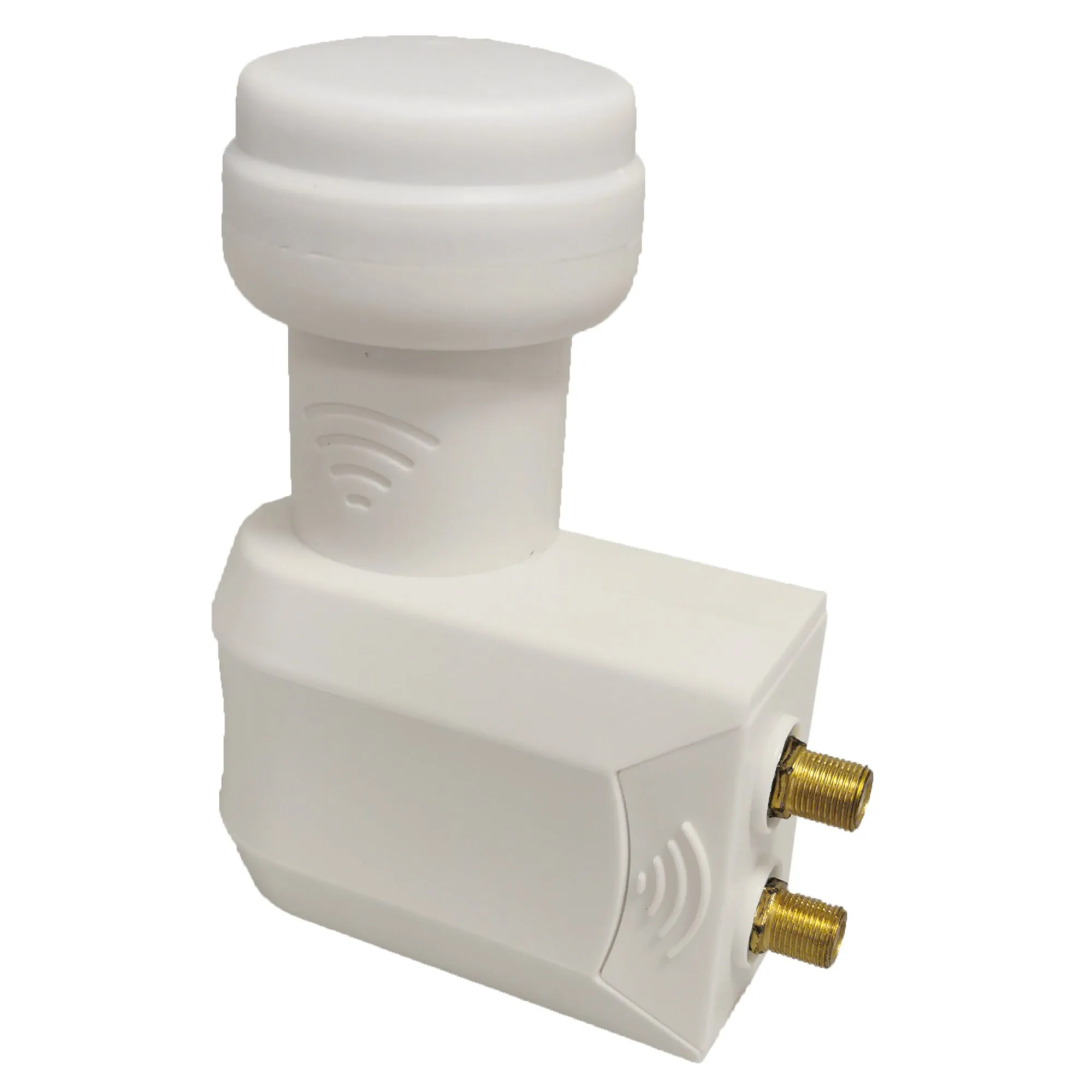 Weißer Titanium Universal-LNB Twin mit rundem Empfangskopf, rechteckigem Gehäuse und zwei goldfarbenen Anschlussbuchsen