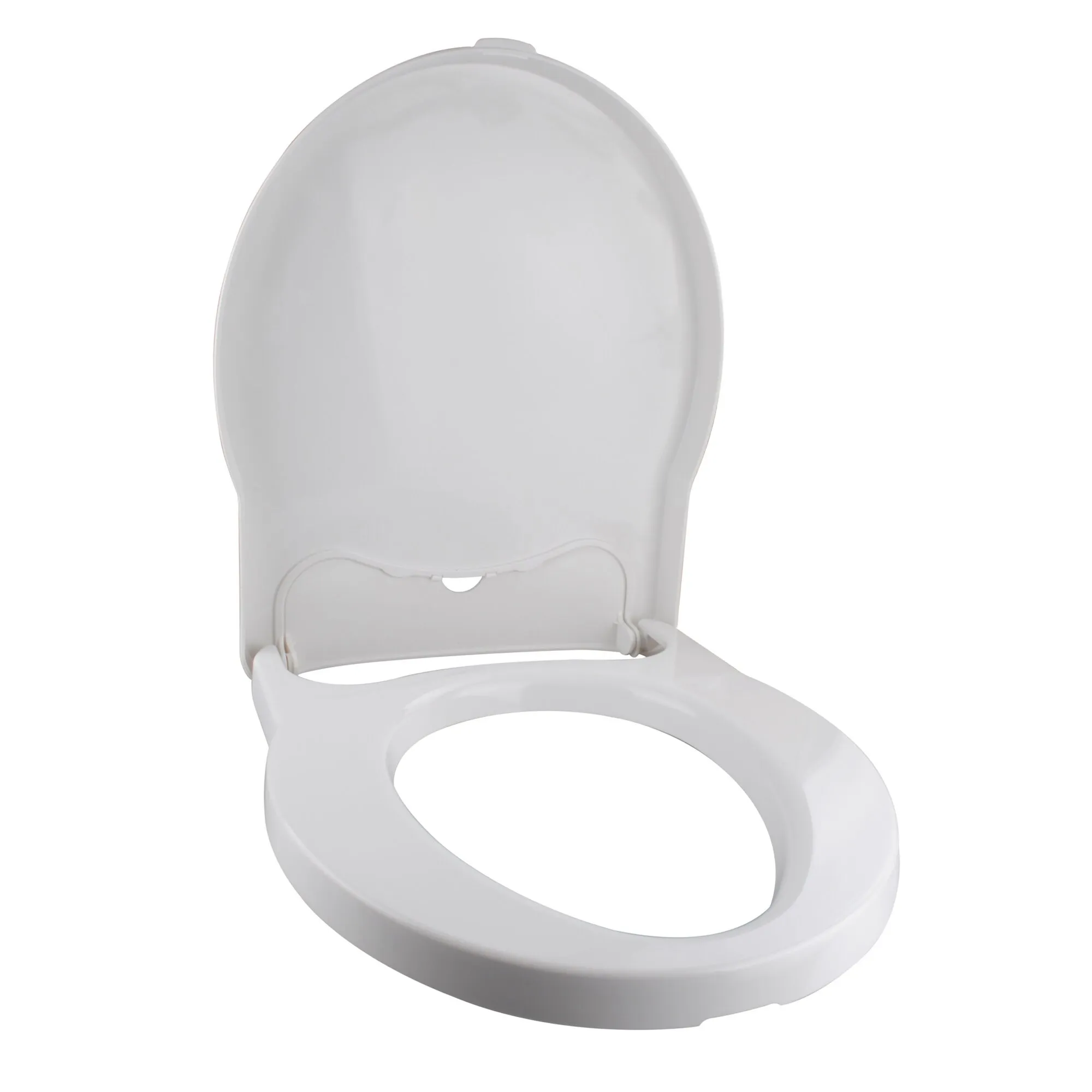Signalweißer Toilettensitz mit ovaler Sitzfläche und aufgeklapptem, abgerundetem Deckel