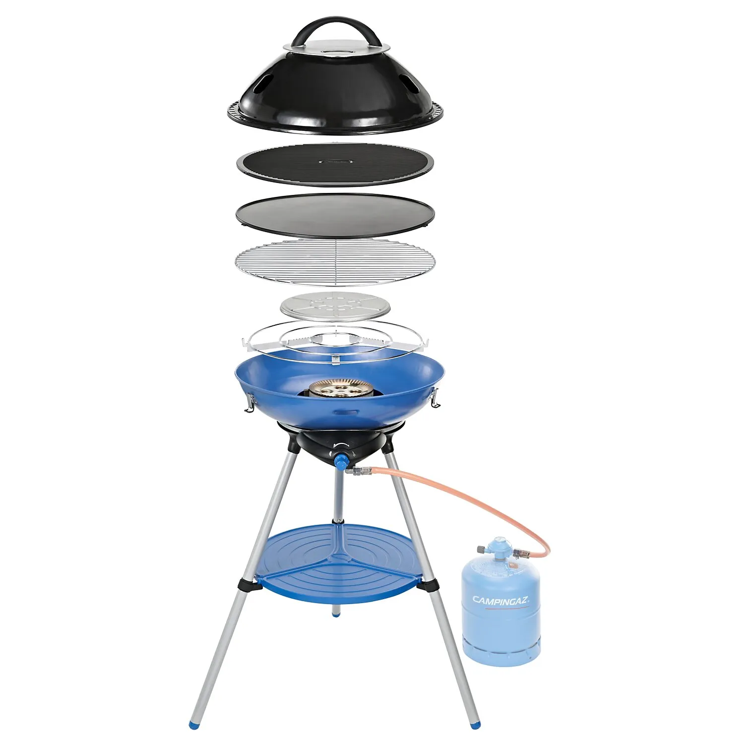 Campingaz Party Grill 600 R als Explosionsdarstellung mit schwarzem Deckel, Grillrosten, blauem Brennergehäuse und Gasflasche