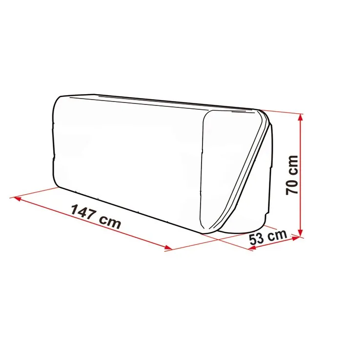 Weiße Heckbox Ultra-Box 500 in Seitenansicht mit abgerundeter Form und Maßangaben 147 × 53 × 70 cm