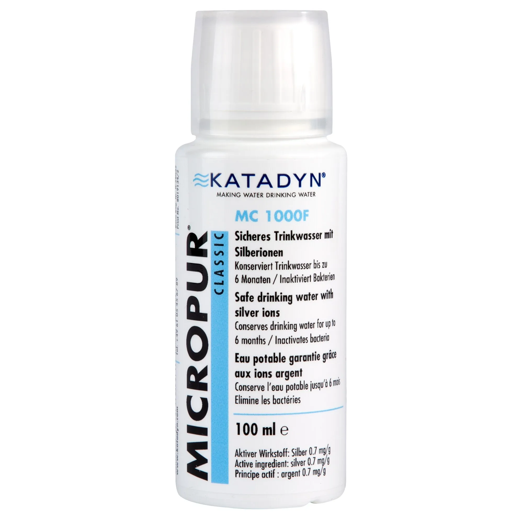 Weiße Flasche Katadyn Micropur Classic MC 1000F zur Wasserkonservierung mit 100 ml Inhalt und Silberionen