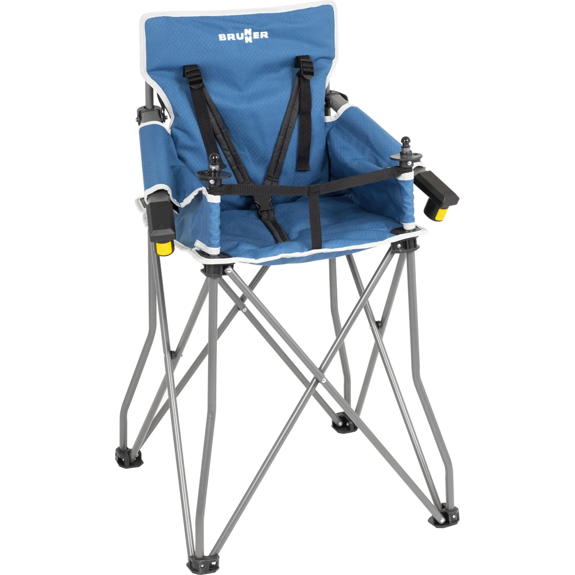 Blauer Baby-Hochstuhl Action Baby Equiframe mit gepolsterter Sitzfläche, Sicherheitsgurten und klappbarem grauem Metallgestell